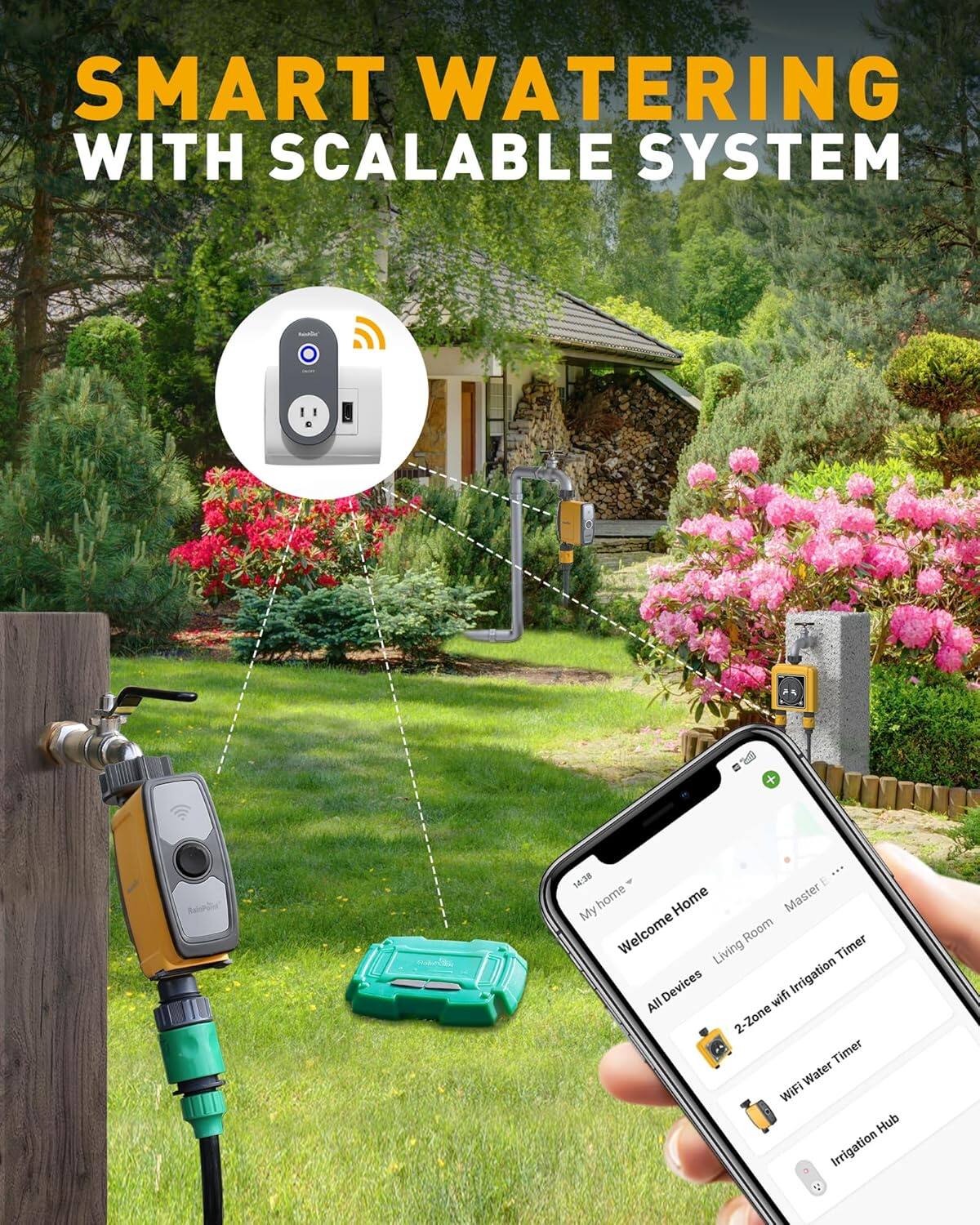 SMART WATERING WITH SCALABLE SYSTEM

My Home
Welcome Home
Living Room
Master F ...

All Devices
2-Zone WiFi Irrigation Timer
WiFi Water Timer
Irrigation Hub