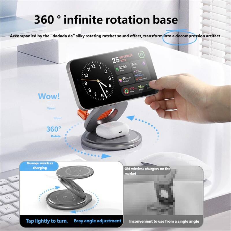 360° infinite rotation base  
Accompanied by the "dadada da" silky rotating ratchet sound effect, transform into a decompression artifact  

Wow!  
360° Rotate  

Guanqu wireless charging  
Tap lightly to turn, Easy angle adjustment  

Old wireless chargers on the market  
Inconvenient to use from a single angle  

SEPTEMBER 25 2023  
7.3m  
8,805  
66 Excellent  
770  
25m  
700  
1s  
10  
3  
6  
9  
4  
7  
8  
5  
11  
12  
2  
1  
Wow!