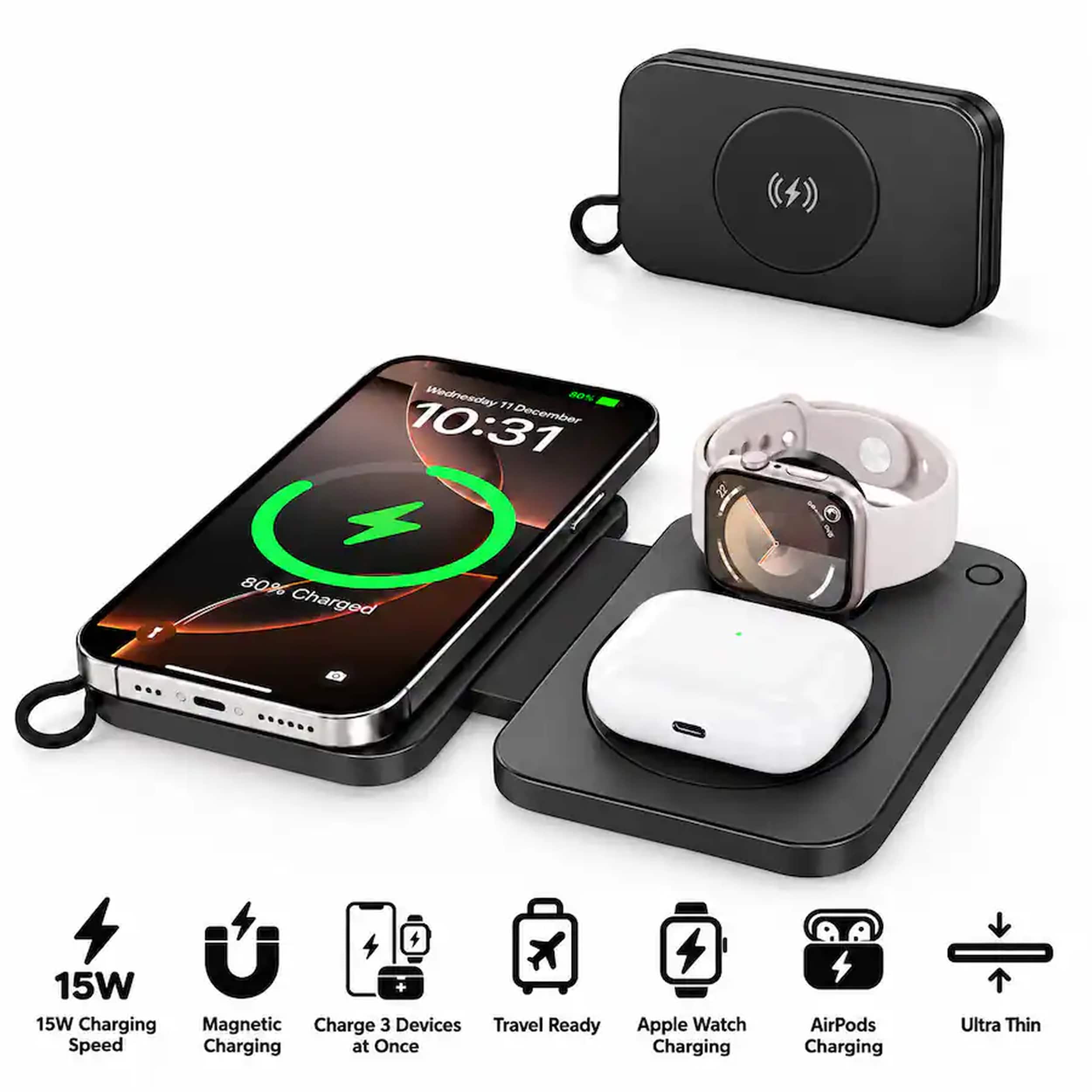 Energizer - 3-in-1 Slim Foldable Magnetic MagSafe 15W Fast Universal Charging Station Phones + AirPods + Apple Watch - Travel‑Ready - Black