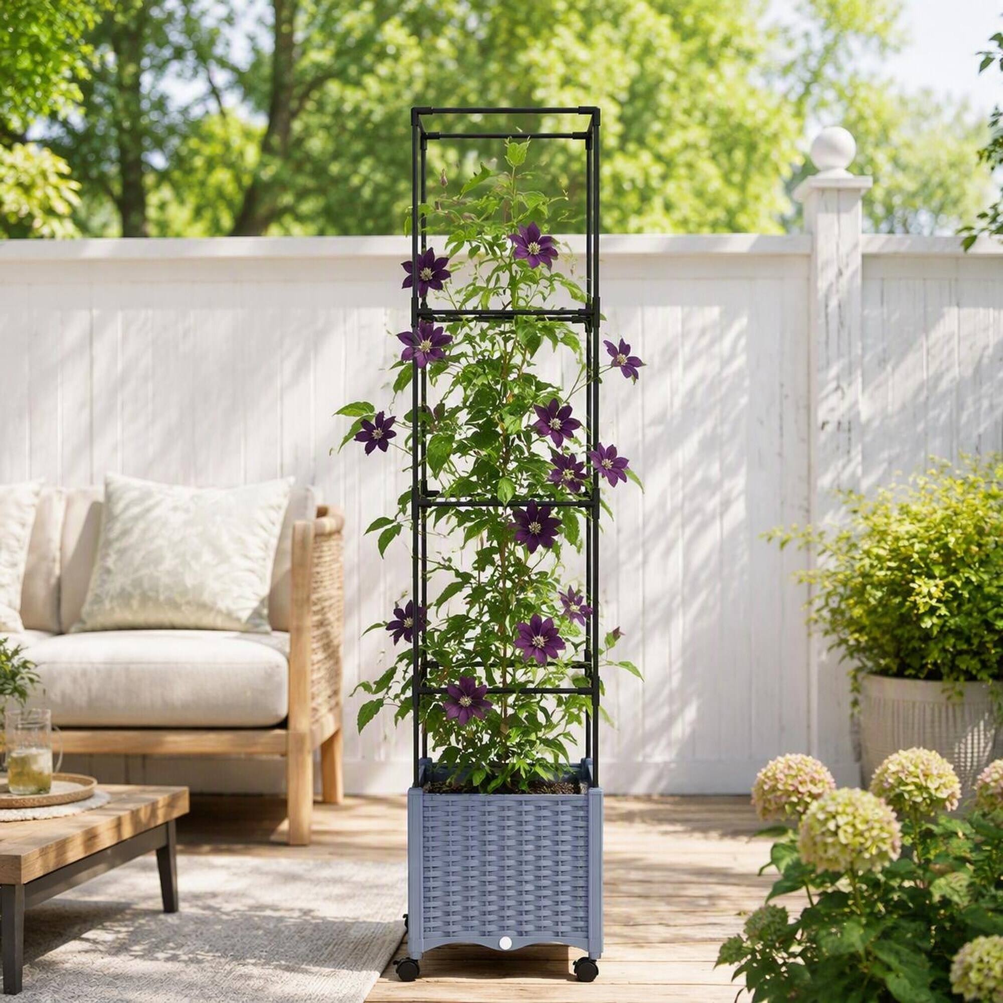 Back. RYHNUYNE - Mobile Raised Garden Bed with Adjustable Trellis, Self-Watering Planter on Lockable Wheels for Tomatoes, Peas - Gray.