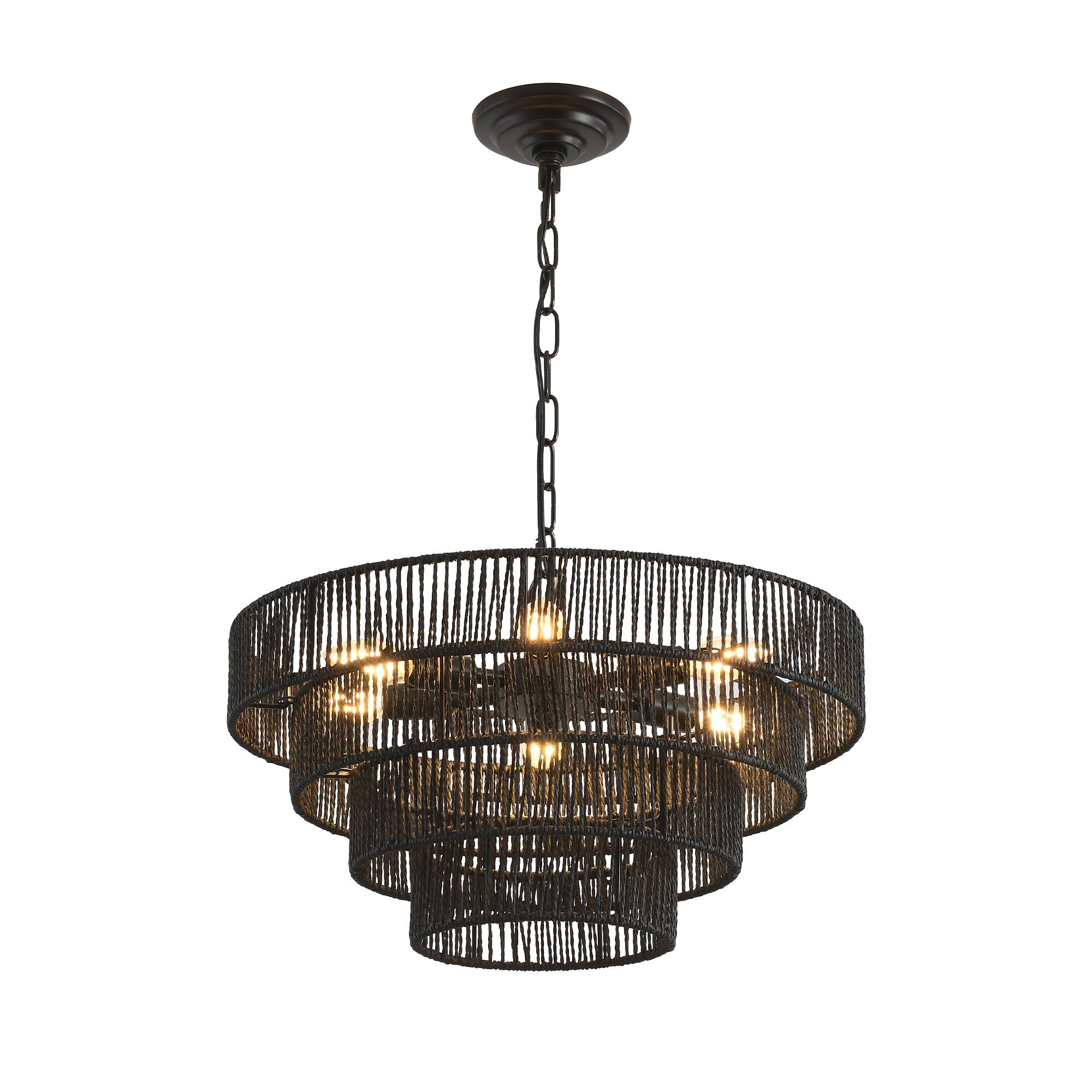 Alt View 5. Tiramisubest - 20" Rustic 4-Tier Black Hemp Rope Chandelier with 6 E12 Sockets, Handmade Tiered Boho Ceiling Light Fixture (No Bulbs) - Black.