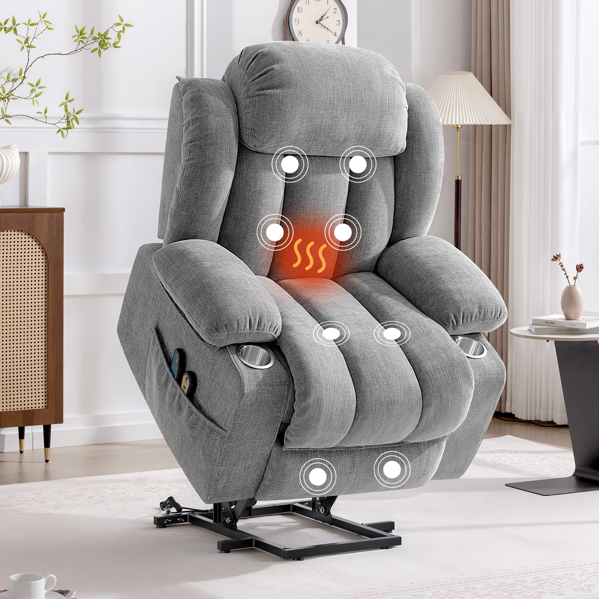 KERDOM - Massage & Lumbar Heating Recliner Chair for Elderly, Oversized Power Lift Single Sofa with Cup Holder & Side Pocket - Gray