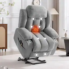 KERDOM - Massage & Lumbar Heating Recliner Chair for Elderly, Oversized Power Lift Single Sofa with Cup Holder & Side Pocket - Gray