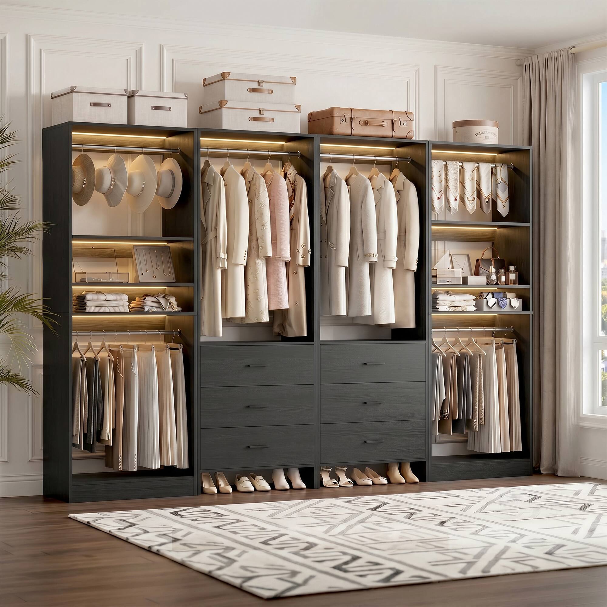 Alt View 3. Aheaplus - 98'' Walk-in Closet Organizer System, 4 Piece Wardrobe Set with 6 Drawers, 6 Hanging Rods & Adjustable Shelves - Black.