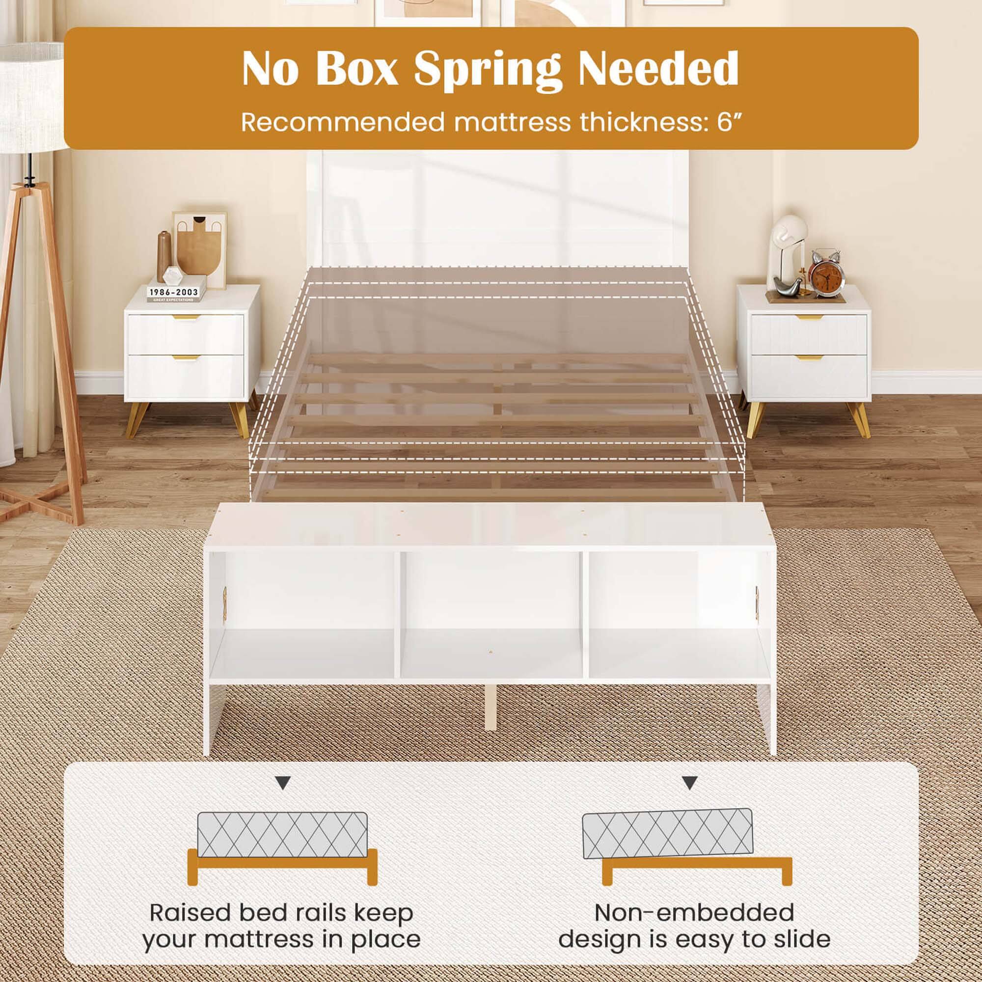 No Box Spring Needed Recommended mattress thickness: 6" 1986-2003 Raised bed rails keep your mattress in place Non-embedded design is easy to slide