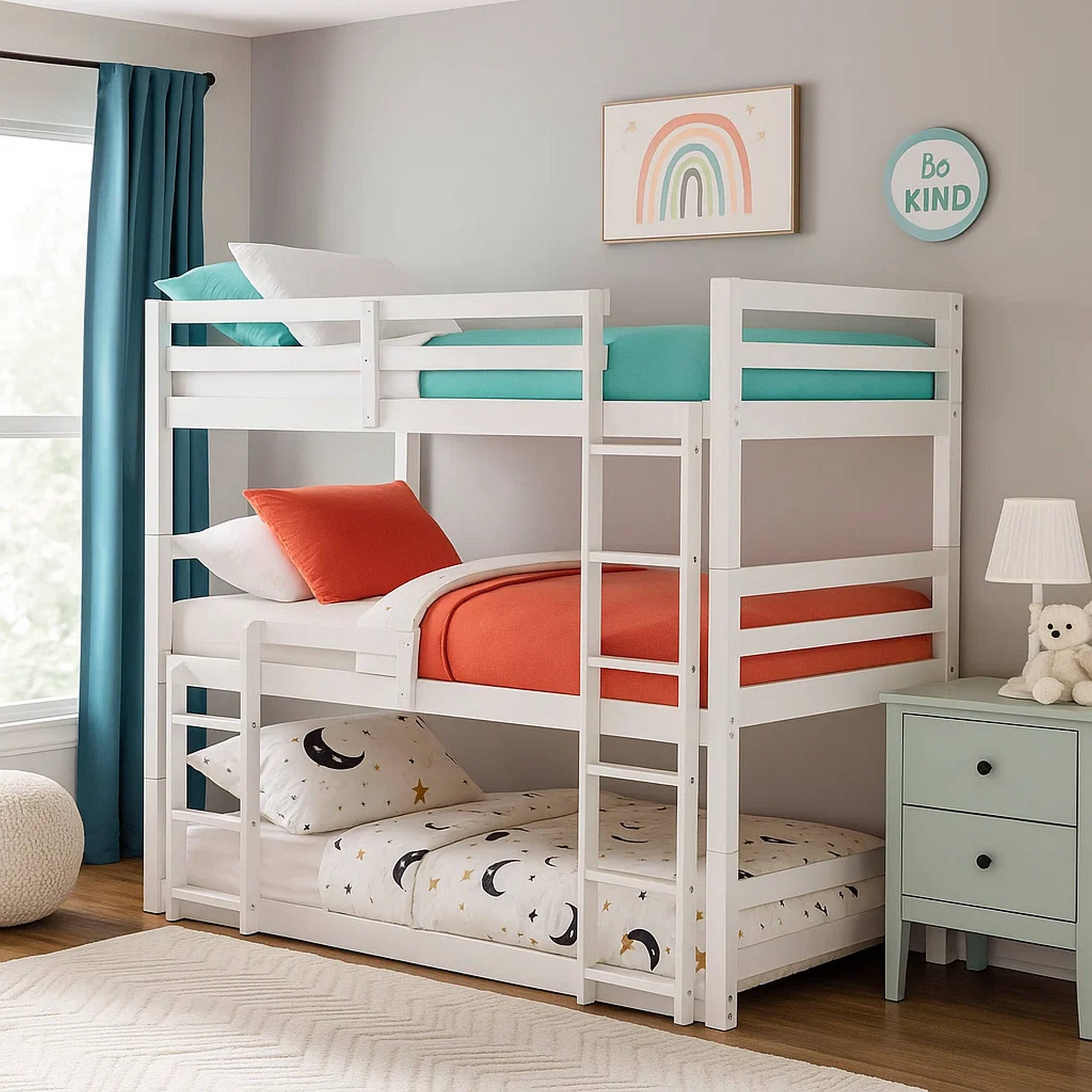 Alt View 6. Manhattan Lane - Twin Size 3 Tier Wooden Bunk Bed with Ladder, White - White.