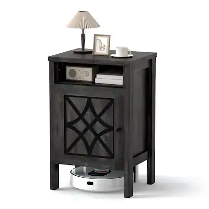 Front. Gymax - Gymax Robot Vacuum Stand Cabinet w/ Door & Open Shelf for Home Office Living Room Dark Grey - Grey.