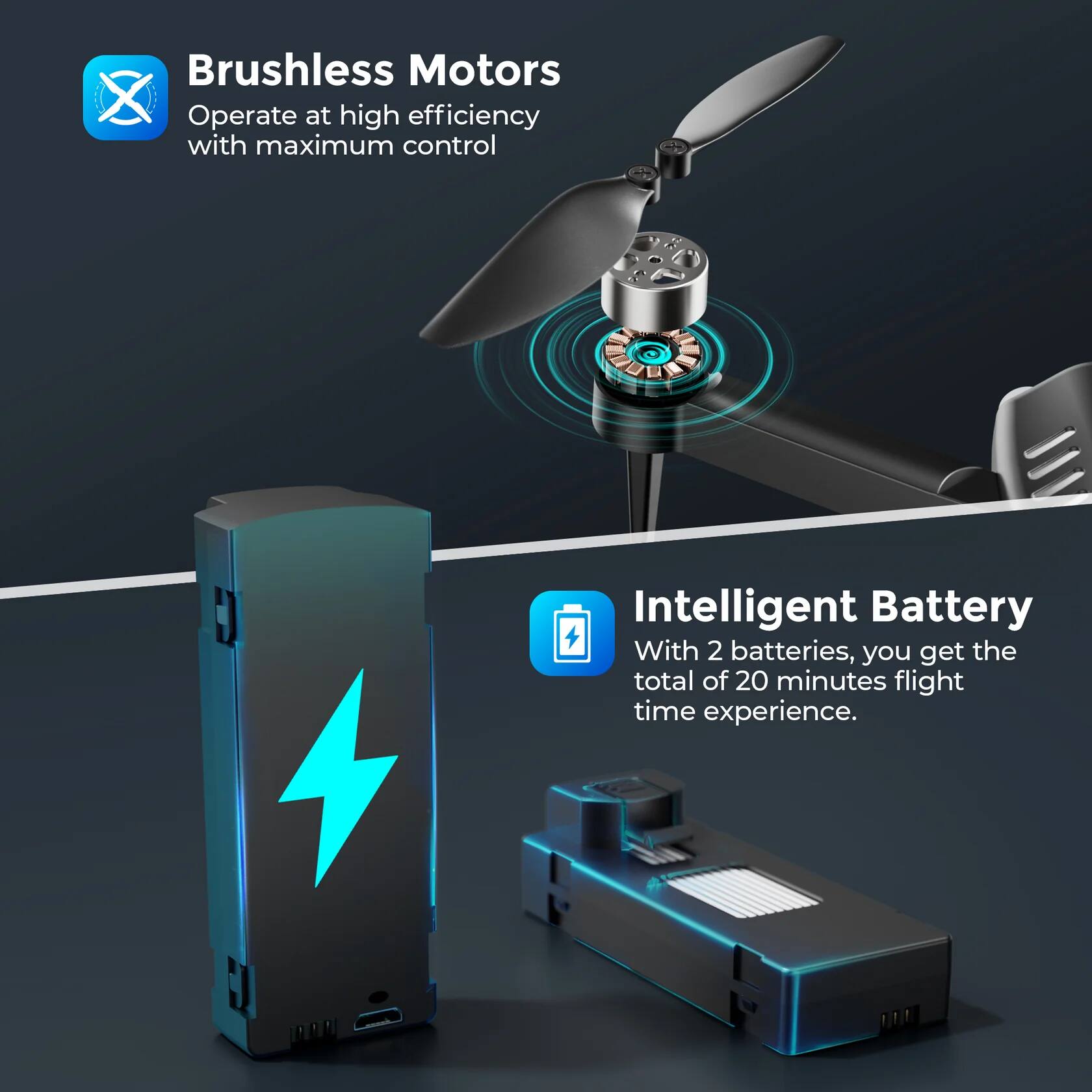 Brushless Motors  
Operate at high efficiency with maximum control  

Intelligent Battery  
With 2 batteries, you get the total of 20 minutes flight time experience.