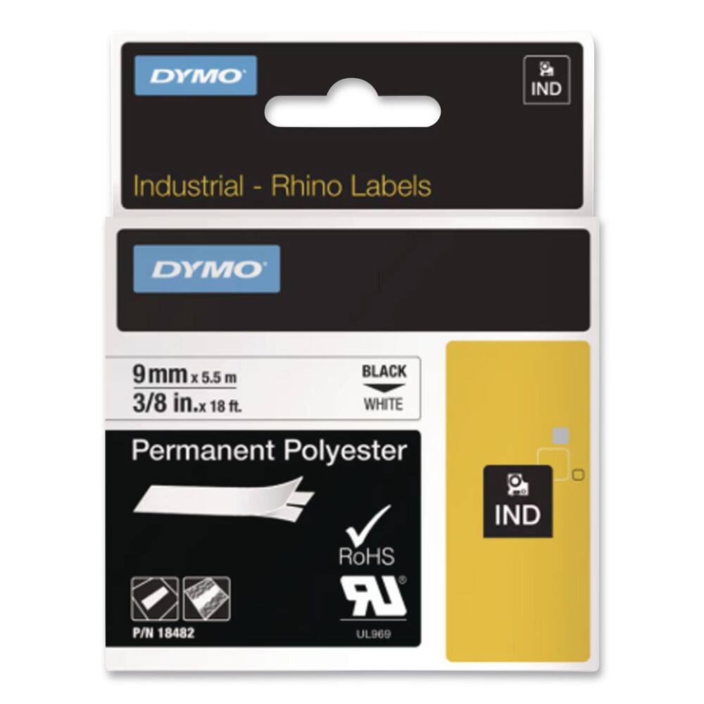 DYMO IND Industrial - Rhino Labels  
DYMO 9 mm x 5.5 m (3/8 in. x 18 ft.)  
BLACK WHITE  
Permanent Polyester  
RoHS  
UL969  
P/N 18482