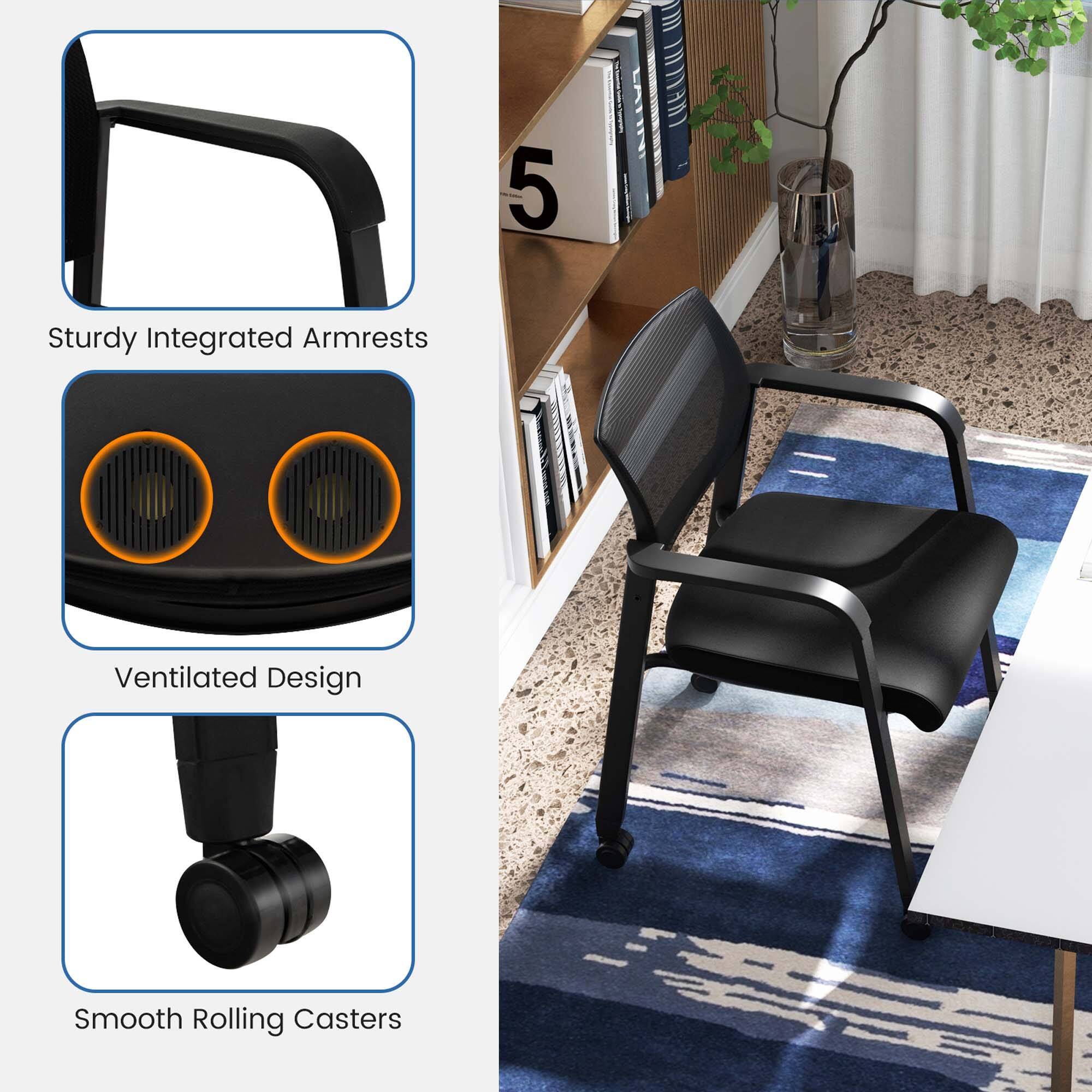 The image shows a black chair with a ventilated design, smooth rolling casters, and sturdy integrated armrests. The chair is placed on a blue rug, and there are several books nearby. The chair is also described as having a "5 m" feature, which may refer to its height or some other characteristic.