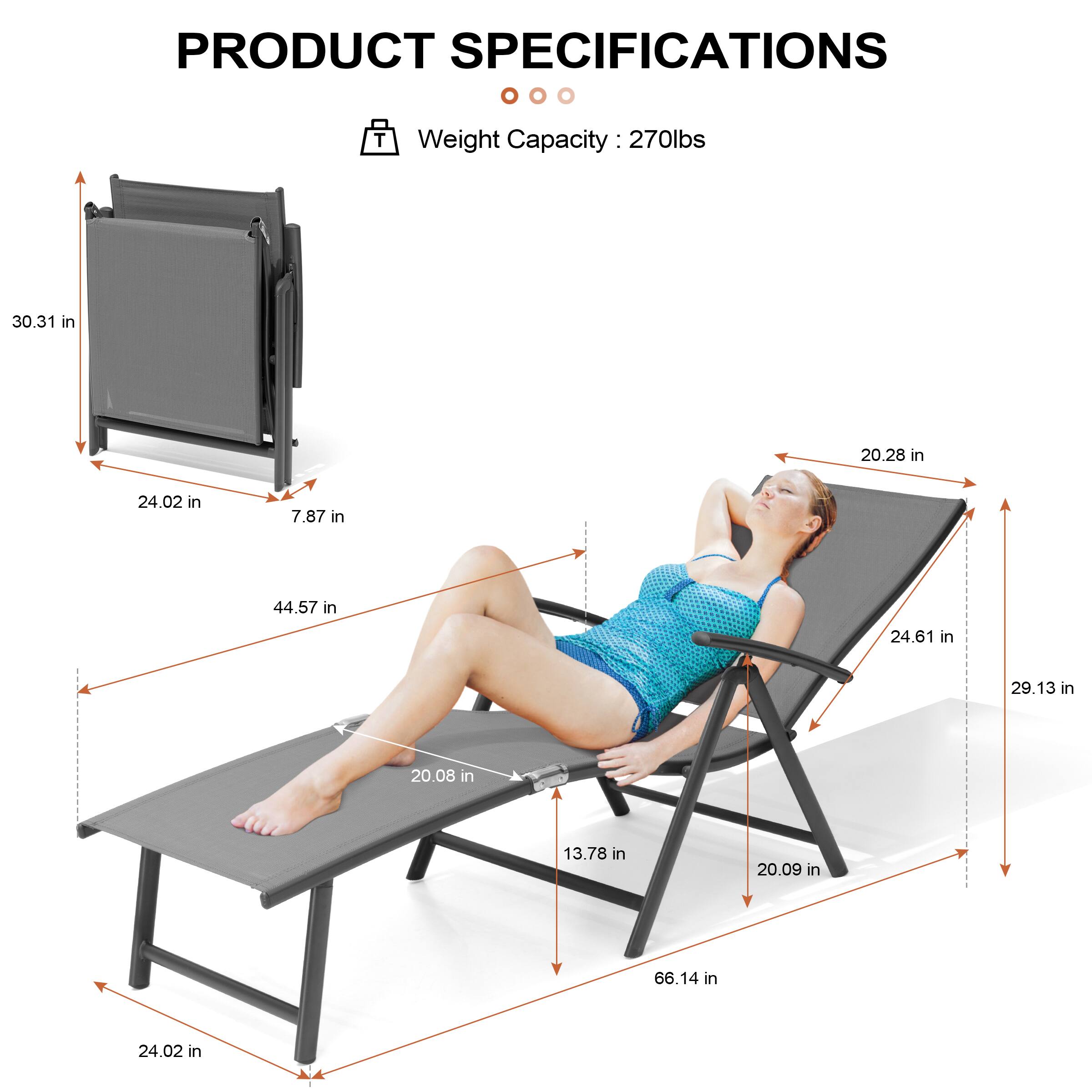 PRODUCT SPECIFICATIONS

Weight Capacity: 270lbs

- 30.31 in
- 24.02 in
- 7.87 in
- 44.57 in
- 20.08 in
- 13.78 in
- 20.09 in
- 66.14 in
- 24.02 in
- 20.28 in
- 24.61 in
- 29.13 in