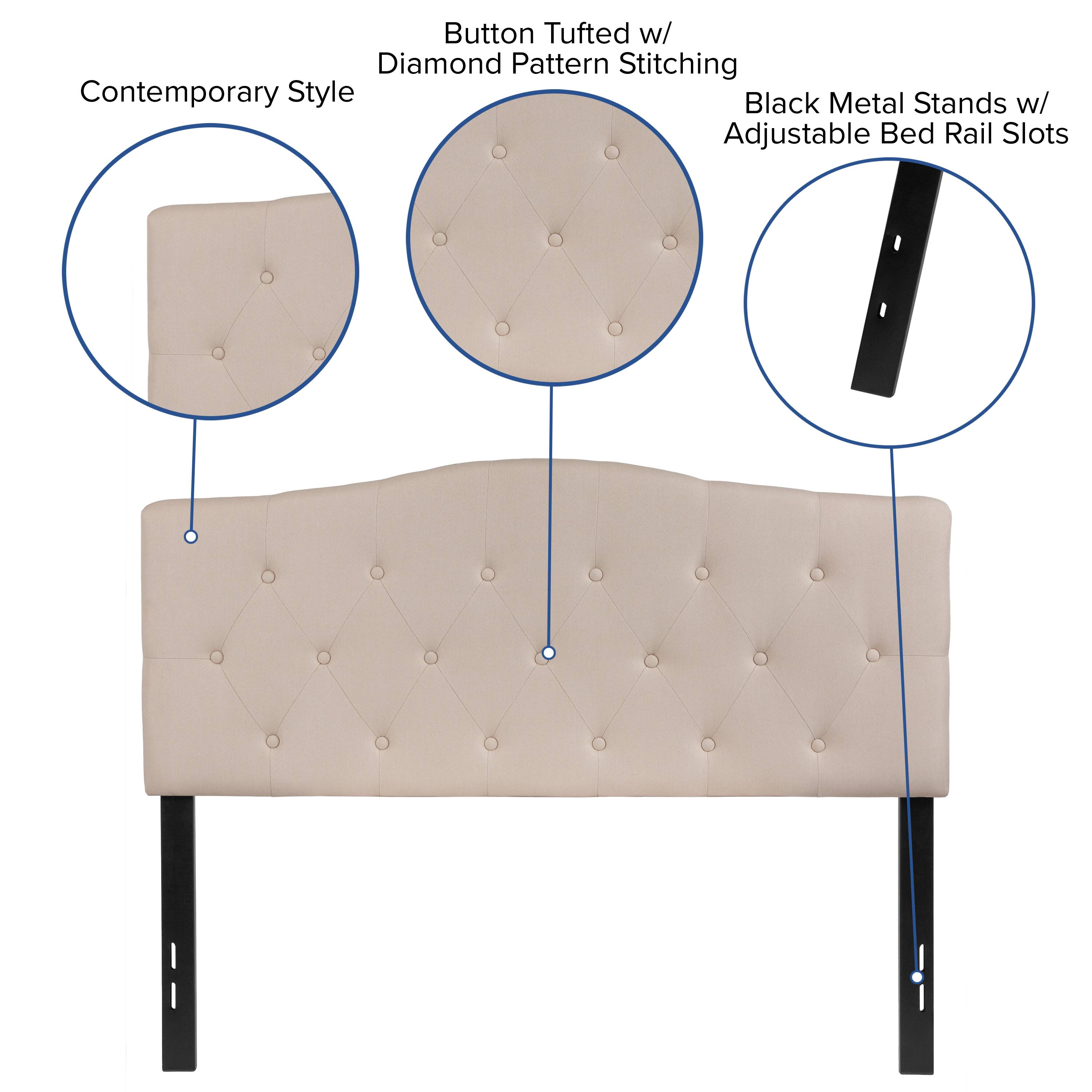 Button Tufted w/ Diamond Pattern Stitching  
Contemporary Style  
Black Metal Stands w/ Adjustable Bed Rail Slots