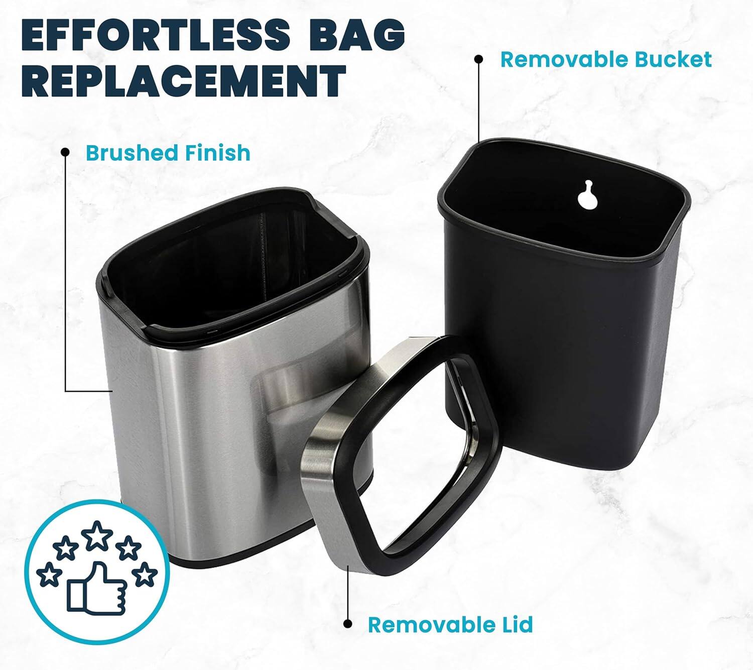 EFFORTLESS BAG REPLACEMENT

- Removable Bucket
- Brushed Finish
- Removable Lid