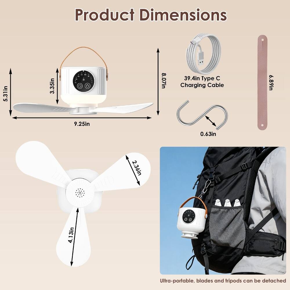 Product Dimensions: 5.31in x 3.35in x 8.07in  
Type C Charging Cable: 39.4in  
Blades: 9.25in  
Blade Thickness: 0.63in  
Blade Length: 4.13in  
Tripod: 6.89in  
Ultra-portable, blades and tripods can be detached
