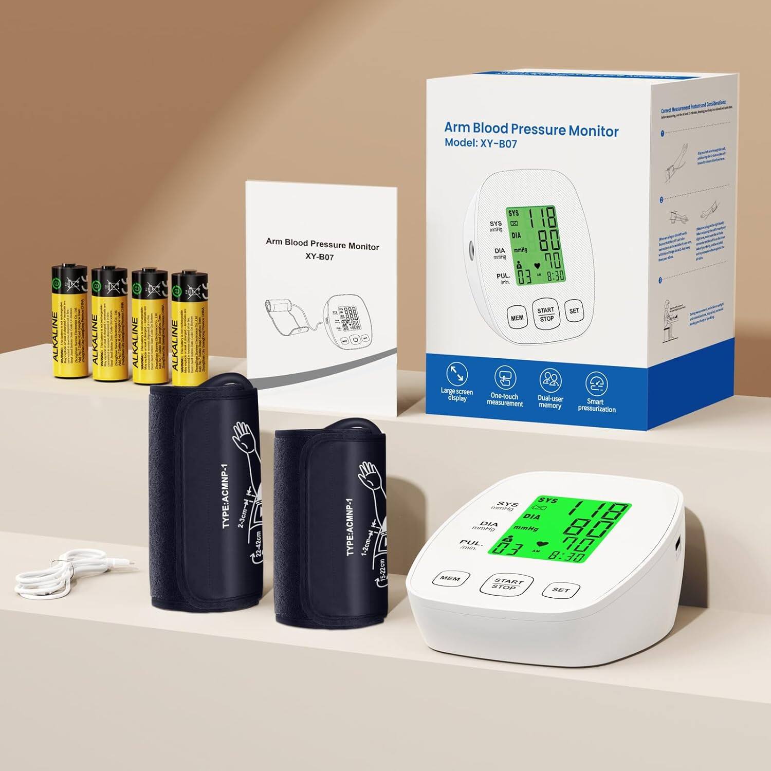 Arm Blood Pressure Monitor Model: XY-B07  
Arm Blood Pressure Monitor XY-B07  

SYS DE o DIA DIA phaa nirtg & FUL - 8:30 ALKALINE LKALINE NE ALKALINE AL ALKALINE STANT SET MEM STUP Lange scmeen duplay One-touch Dual-user measurement Smart memory pressurization  

TYPE: ACMNP-1  
22-42cm  

TYPE: ACMNP-1  
MYS KYE adianad DO 11B / DIA DiA Js 60 PLL 70 - 03 - 8:30 ANS START S102 SET