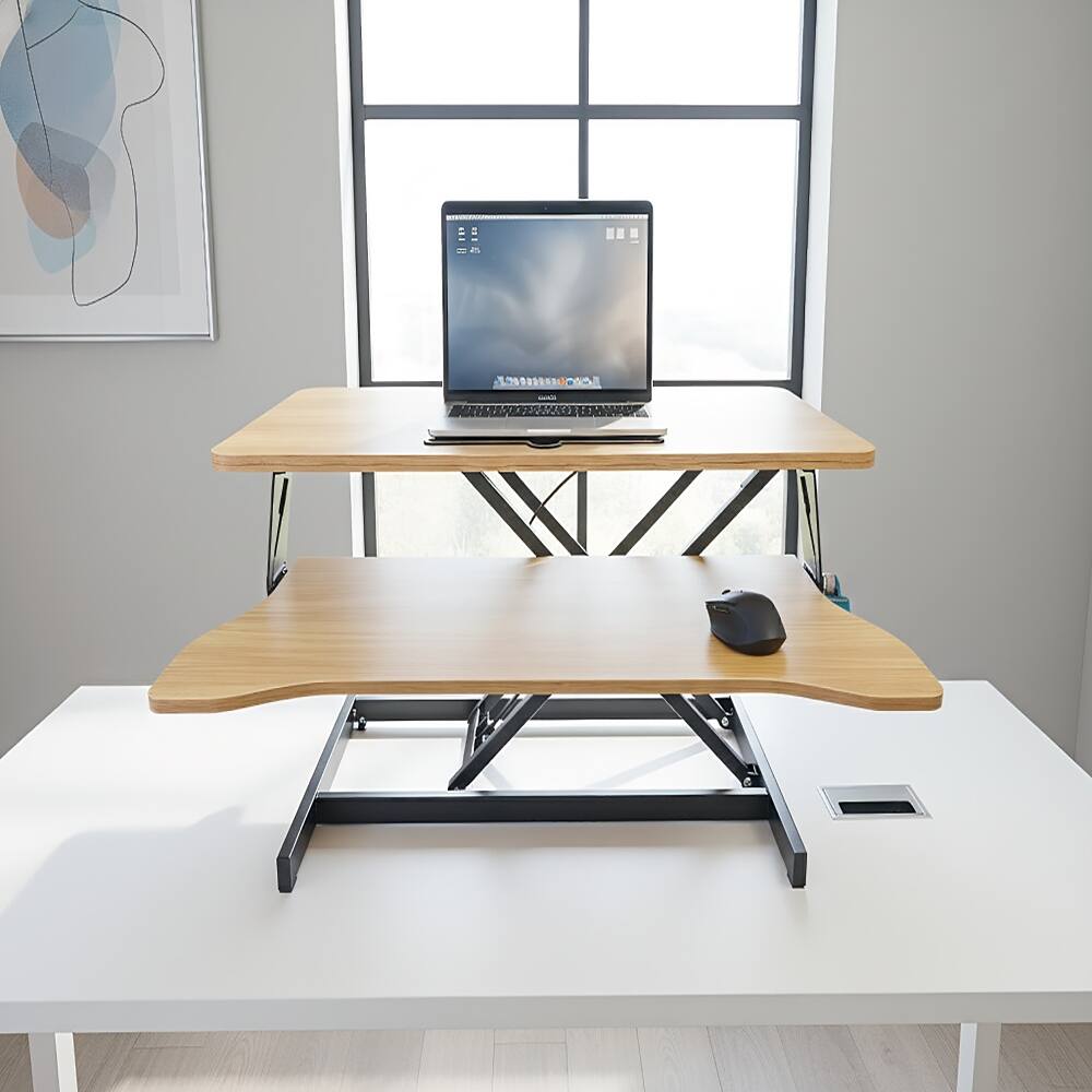 Alt View 1. Loheer - 32 Inch Desk Converter Height Adjustable Sit to Stand Riser Dual Monitor Workstation Wide Keyboard Tray Natural Color - Natural.