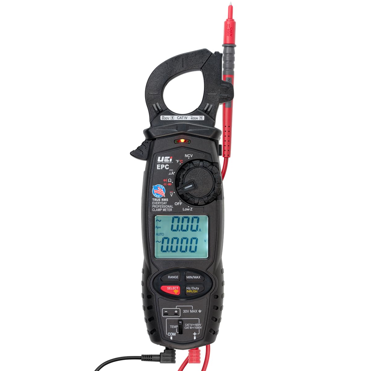 CATIV
goow 0 CATN 400A I
UEI F EPC 
NCV
V TRUE RMS EVERYDAY OFF PROFESSIONAL CLAMP METER Low2 2 ~ Apa 000 A AUTO 1 0000
RANGE
MIN/MAX
SELECT
Hz Duty INRUSH
+
30V MAX
TEMP COM
CAT Vc600V CAT  100GM +