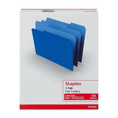 Staples  
3-Tab File Folders  
Letter Size  
Blue - 10% Recycled  
100 Folders  
ST224527