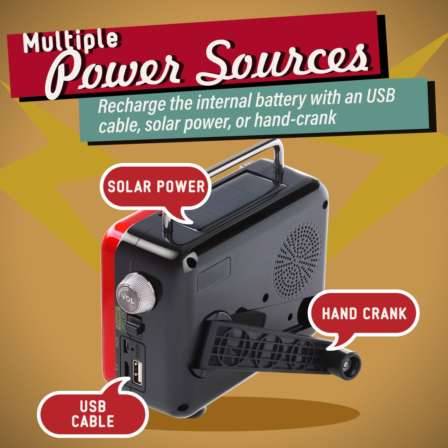 Multiple Power Sources, Recharge the internal battery with an USB cable, solar power, or hand-crank, SOLAR POWER, HAND CRANK, USB CABLE