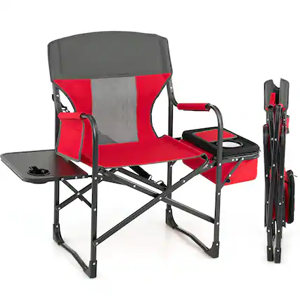 Front. Costway - Folding Camping Directors Chair Portable with Cooler Bag & Side Table Red - Red.