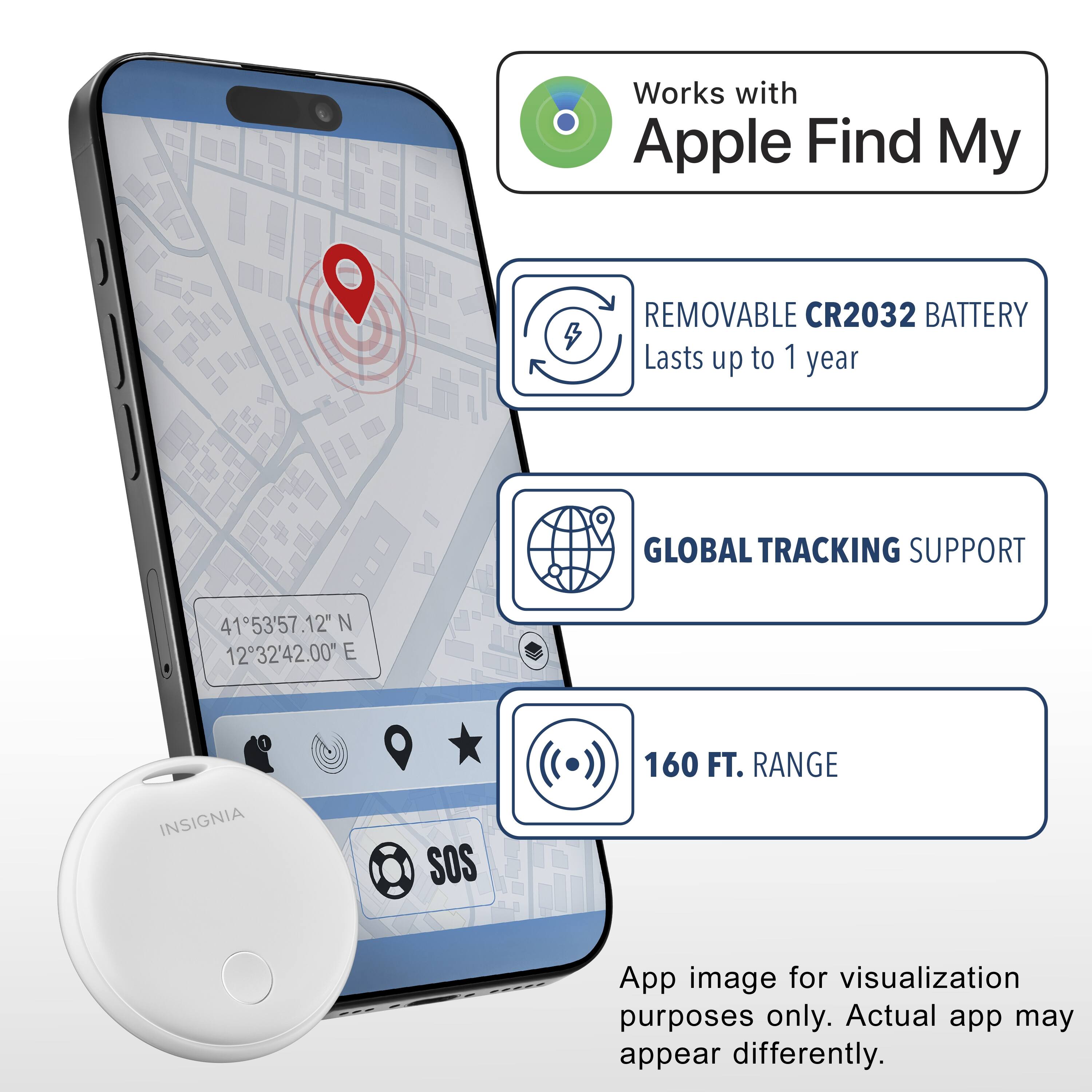 Works with Apple Find My, REMOVABLE CR2032 BATTERY Lasts up to 1 year, GLOBAL TRACKING SUPPORT, 41°53'57.12" N 12°32'42.00" E, INSIGNIA, SOS, 160 FT. RANGE, App image for visualization purposes only. Actual app may appear differently.