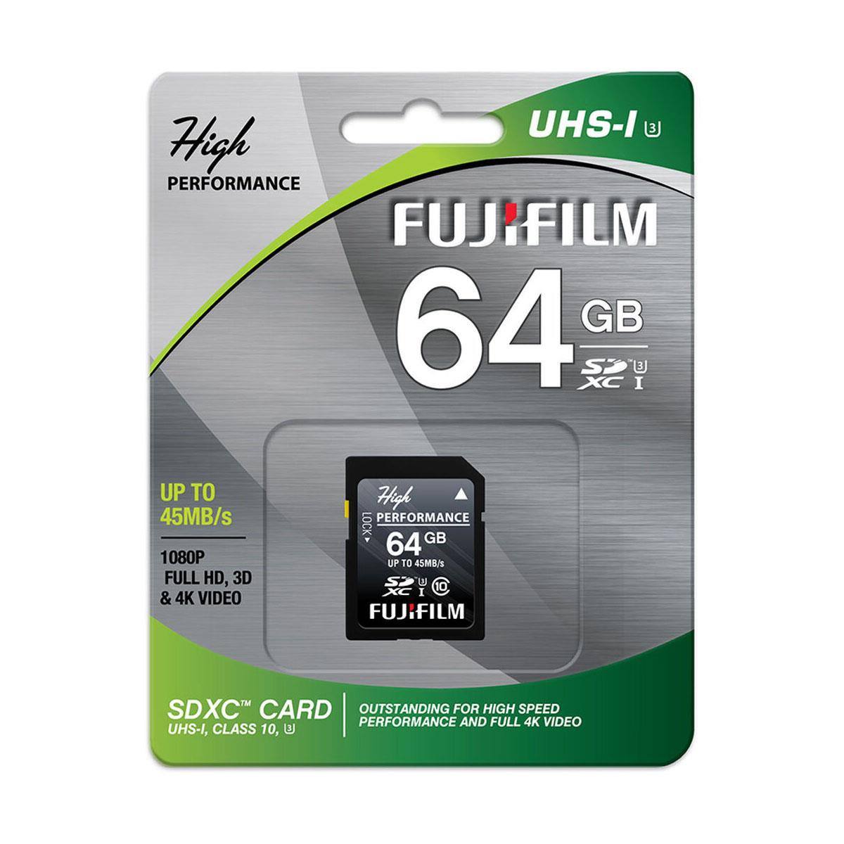 UHS-I 3 High PERFORMANCE FUJIFILM 64 GB SDXC I  
UP TO 45MB/s 1080P FULL HD, 3D & 4K VIDEO  
High PERFORMANCE LOCK 64 GB UP TO 45MB/s S U 10 XC I FUJIFILM  
SDXC CARD OUTSTANDING FOR HIGH SPEED PERFORMANCE AND FULL 4K VIDEO UHS-I, CLASS 10, U