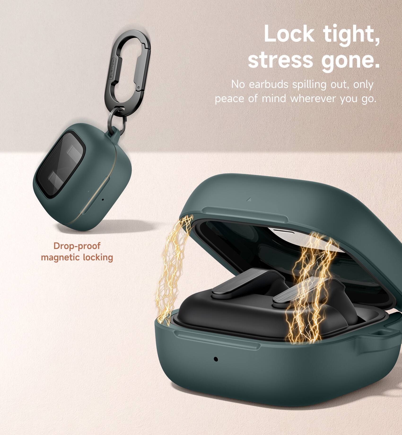 Lock tight, stress gone.  
No earbuds spilling out, only peace of mind wherever you go.  
Drop-proof magnetic locking
