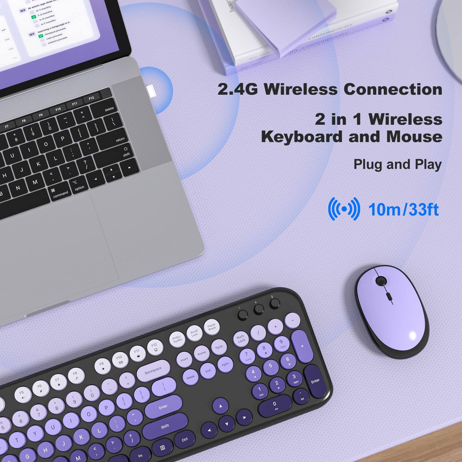 - 2.4G Wireless Connection
- 2 in 1 Wireless Keyboard and Mouse
- Plug and Play
- 10m/33ft