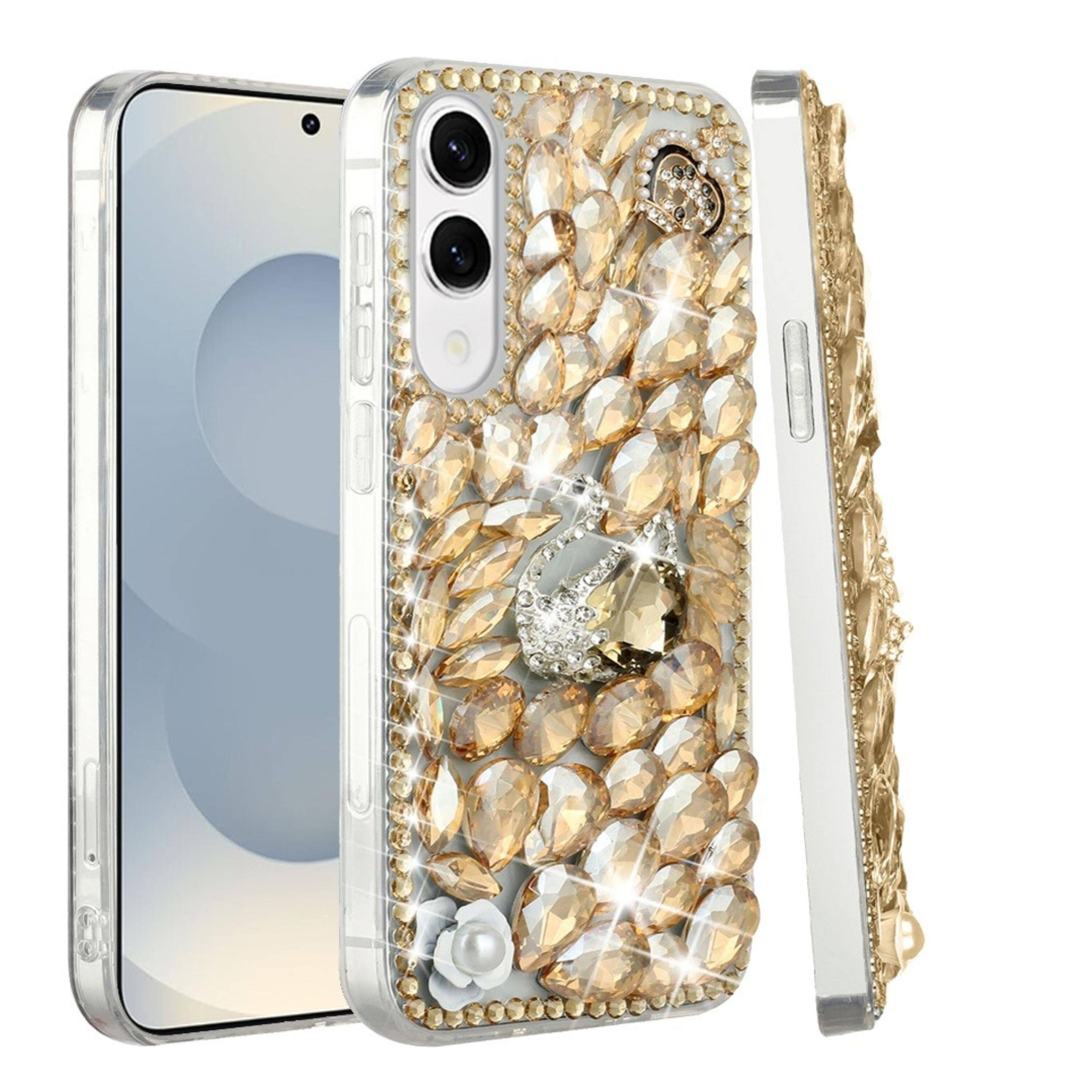Front. Kitcheniva - Full Diamond Bling 3D Jewel Ornaments With Tempered Glass For Samsung Galaxy S25 Edge Gold Swan Crown Pearl - Multicolor.