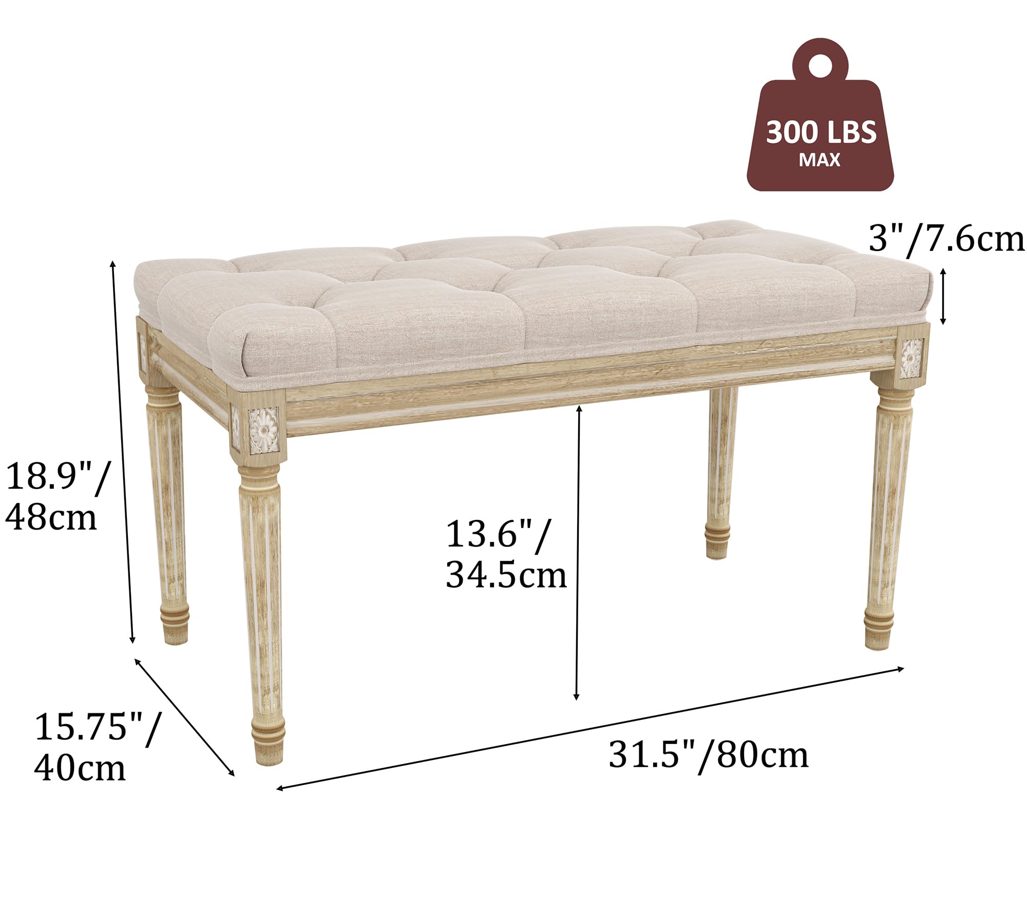 300 LBS MAX  
3" / 7.6cm  
18.9" / 48cm  
13.6" / 34.5cm  
15.75" / 40cm  
31.5" / 80cm