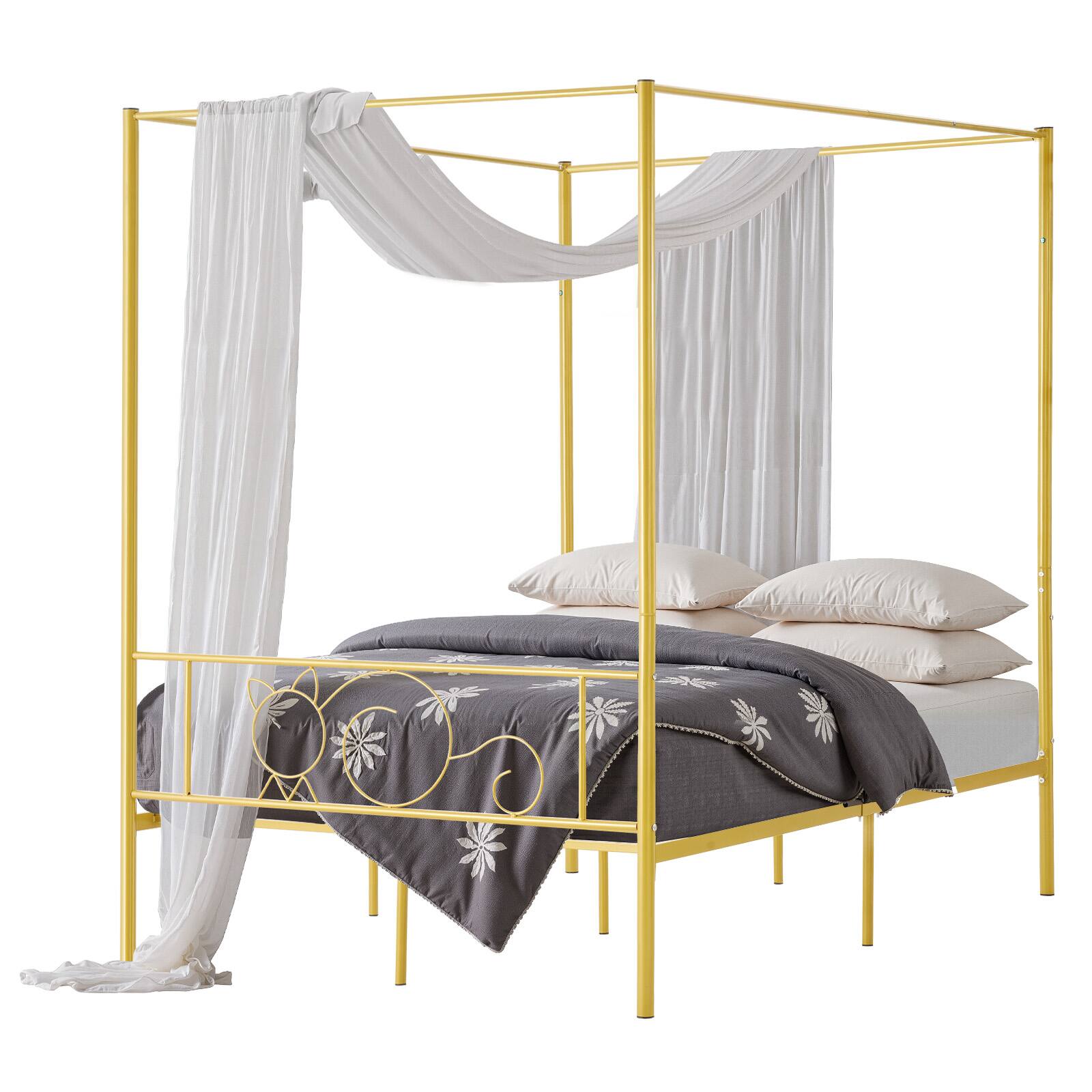 VEVOR - Full Size Canopy Bed Frame, Metal Canopy Bed with Minimalist Headboard & Four Posters Design - Gold