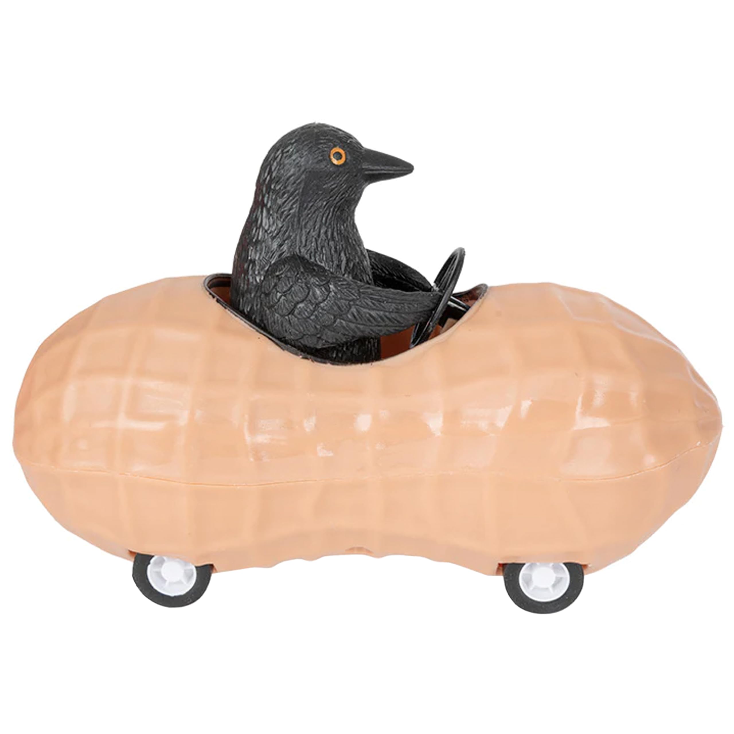 Front. DORLUKFU - Archie McPhee Black Crow in a Peanut Pull Back Novelty Toy Car: A Nutty Adventure for Corvid Enthusiasts - 5" Soft Vinyl.