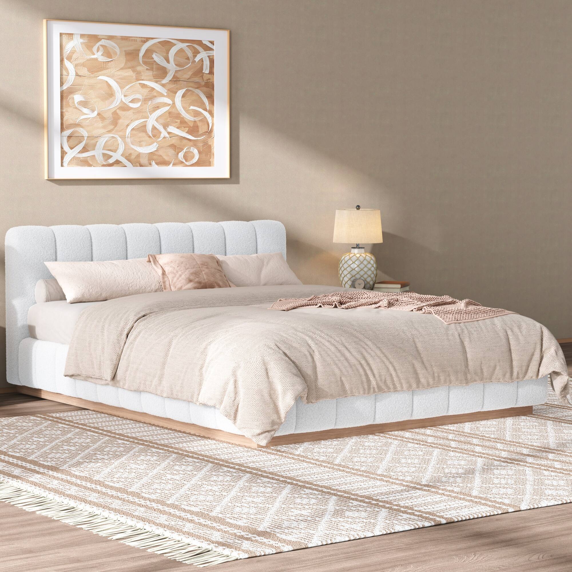 Angle. Whisen - Upholstered Platform Bed Frame, Low Profile Wood Base, No Box Spring Needed - White.