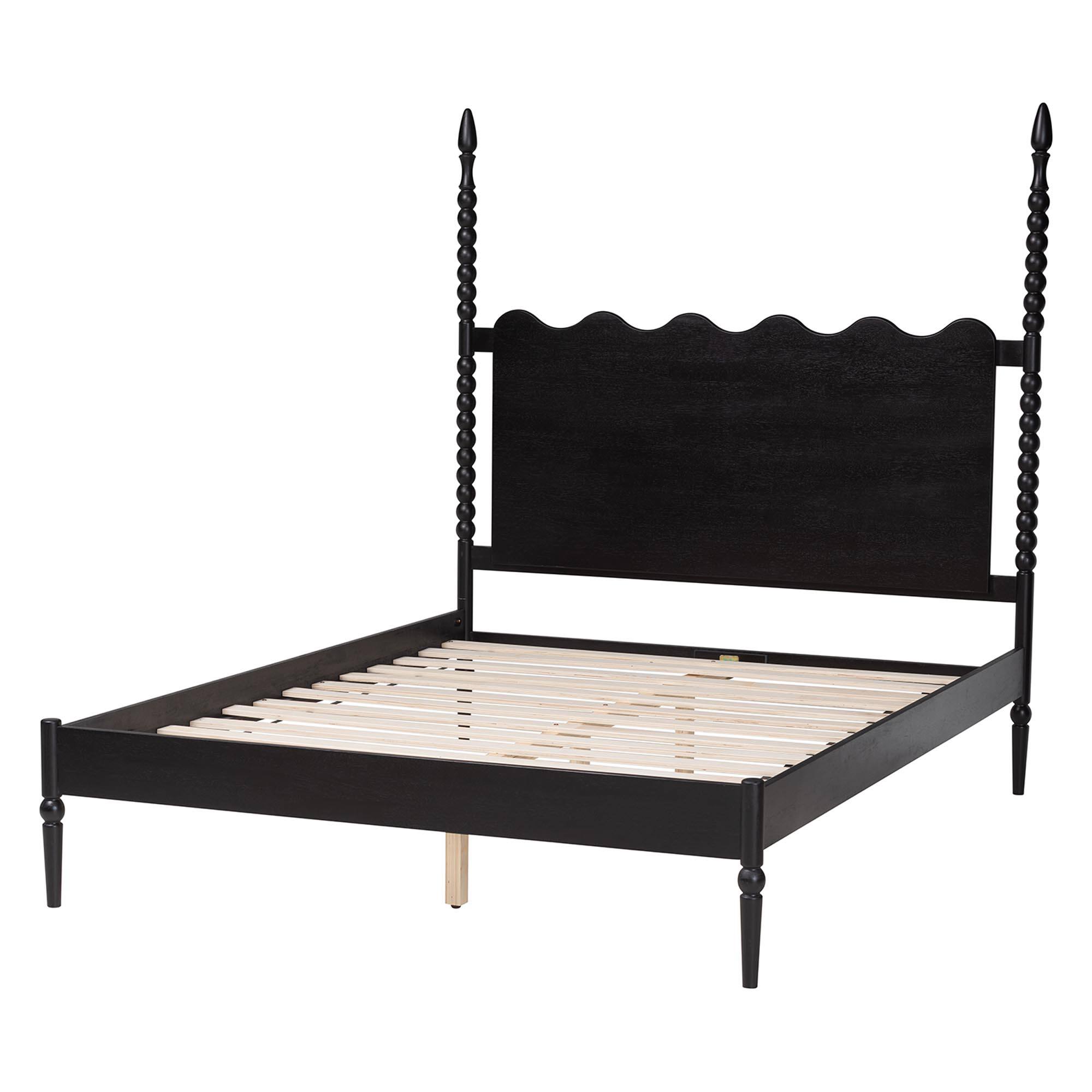 Left. Baxton Studio - Brantley Spindle Platform Bed - Farmhouse Bed Frame with Scalloped Headboard and Turned Posts, Queen - Black.