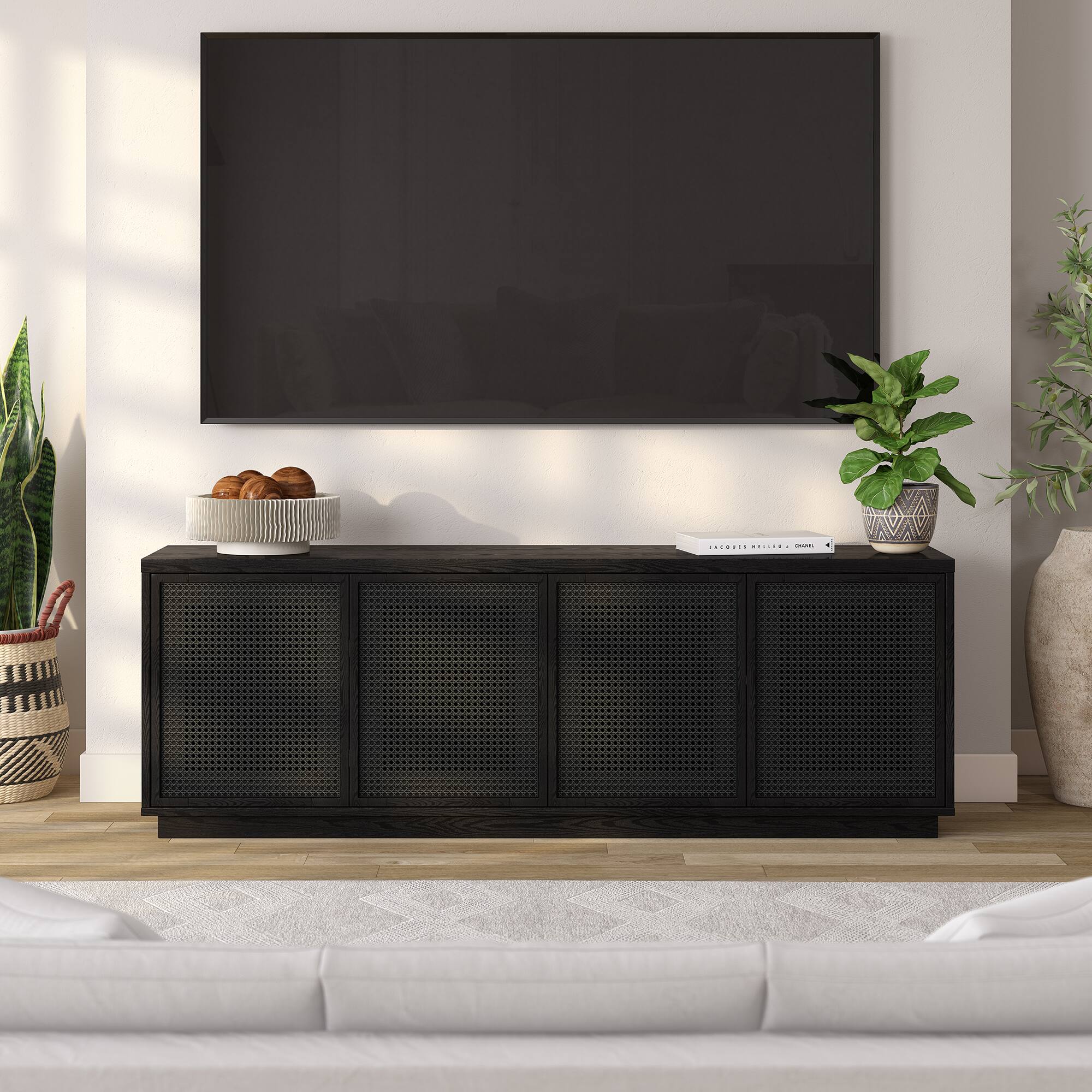Alt View 2. Hudson&Canal - Pryce Rectangular TV Stand for TV's up to 78" in Black Grain/Black Rattan - Black Grain/Black Rattan.