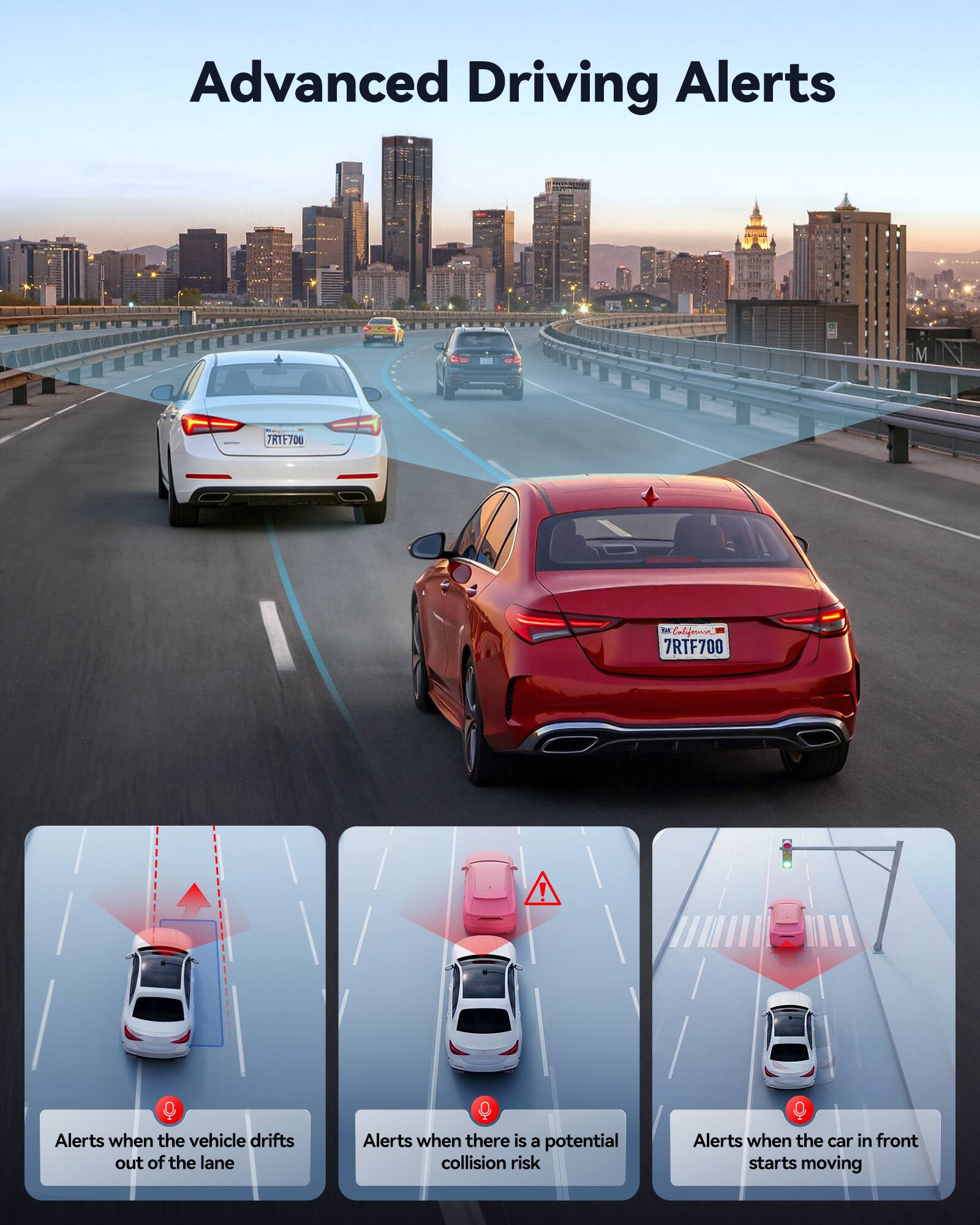 Advanced Driving Alerts

- Alerts when the vehicle drifts out of the lane
- Alerts when there is a potential collision risk
- Alerts when the car in front starts moving