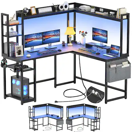 Front. Aheaplus - Gaming L-Desk With Power Outlets, LED Lights & Storage - Reversible Home Office Desk With Monitor Stand - Black.