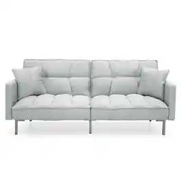 Hivvago - Plush Gray Split-Back Design Convertible Linen Tufted Futon w/ 2 Pillows - Gray