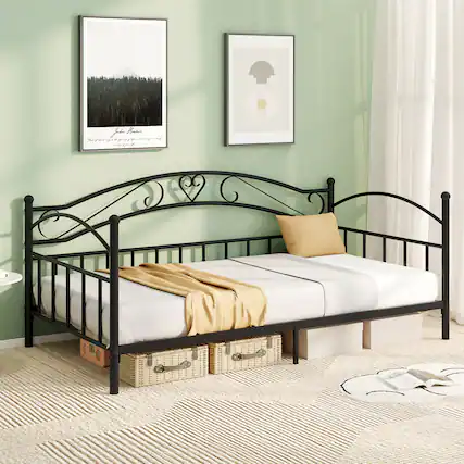 Front. Gymax - Gymax Twin Size Metal Daybed Frame w/ Headboard Heavy-Duty Metal Slats Support - Black.