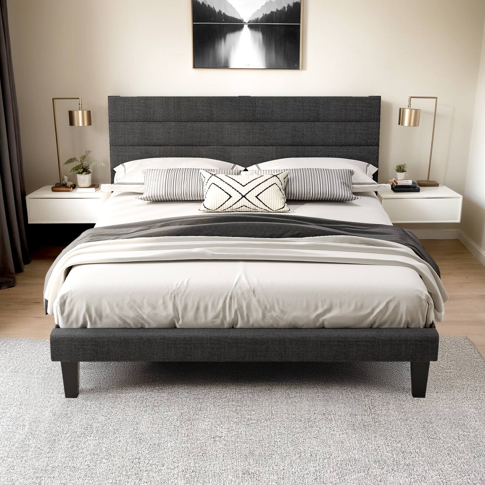 Alt View 5. Winado - King Bed Frame for Kids with Headboard Wooden Slats Mattress Foundation with Cozy Linen Upholstered No Box Spring Needed - Linen Gray.
