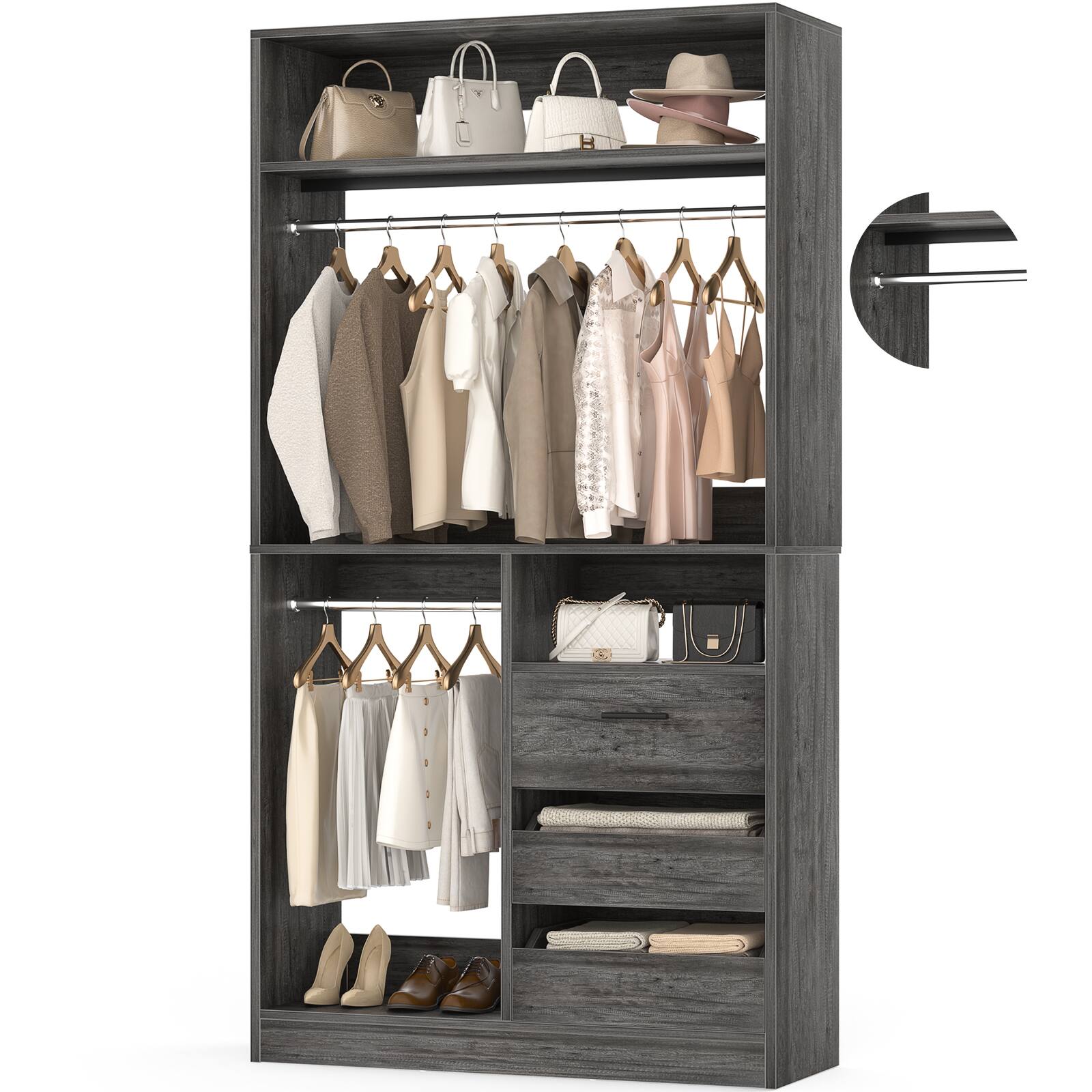 Alt View 3. Aheaplus - 36" Wood Modular Walk-in Freestanding Closet Organizer: Closed/Half-Open Drawers, 6 Shelves (36" L x 15" W x 80" H) - Gray Oak.