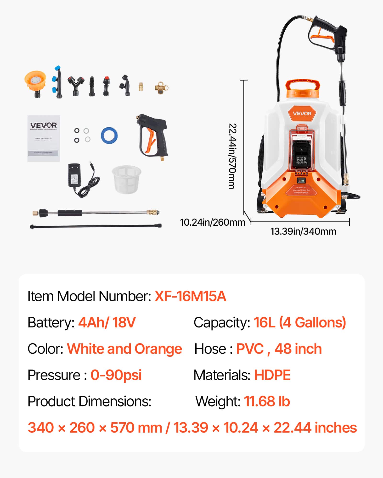 VEVOR - Battery Powered Backpack Sprayer, 4 Gallons Electric Backpack Sprayer, 2 Wands & 8 Nozzles, Adjustable 0-90 PSI - White + Orange - Thumbnail 4