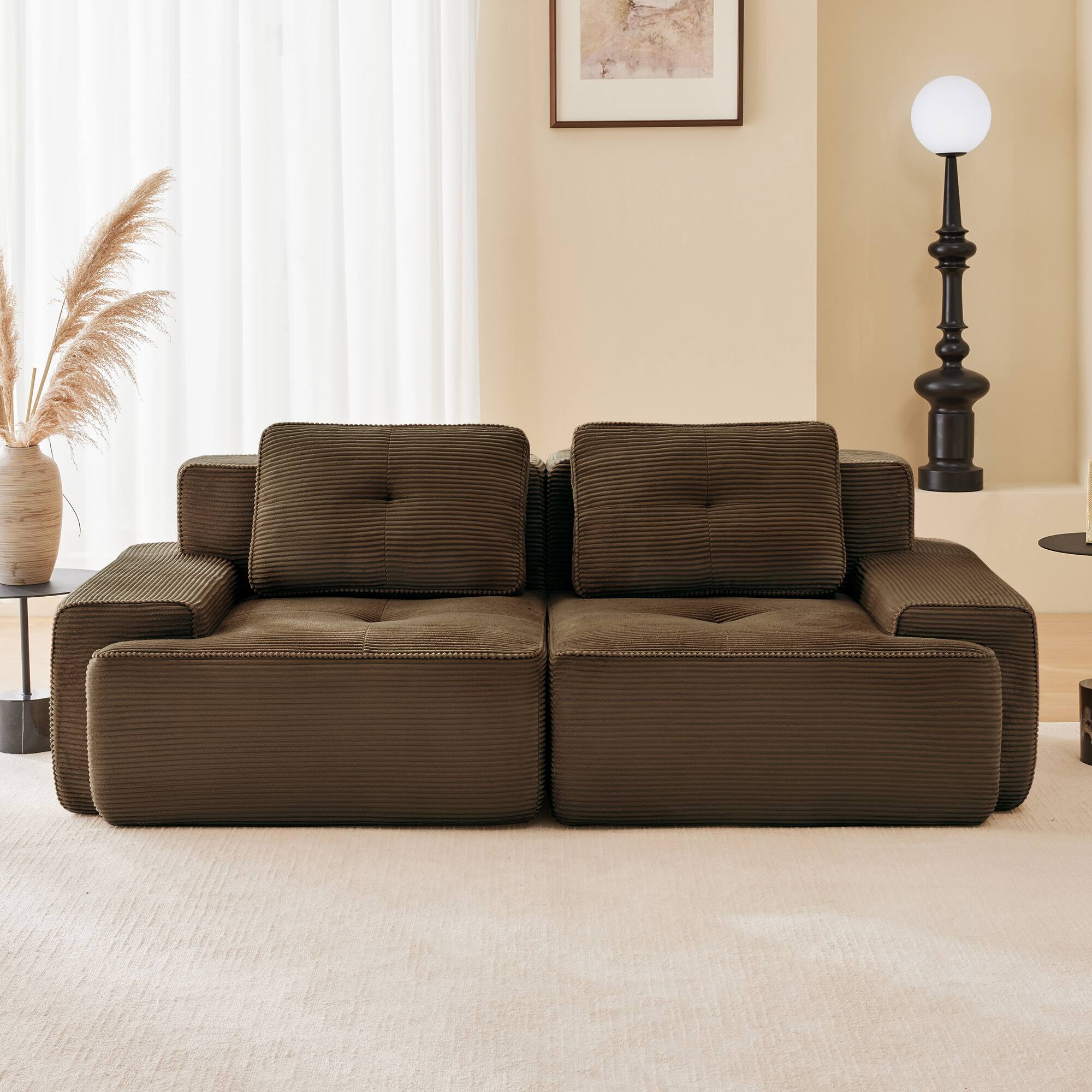 Front. LOVMOR - 2 Seater 82 inch L Shaped Modular Corduroy Sectional Couch Deep Seat No Assembly Compressed Pack Tufted For TV - Brown.