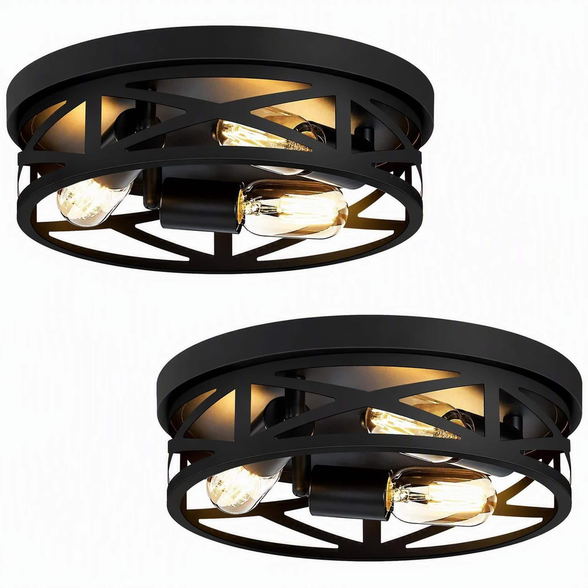 RYHNUYNE - 2-Pack Matte Black Industrial 3-Light Flush Mount Ceiling Fixture with Open Crisscross Cage