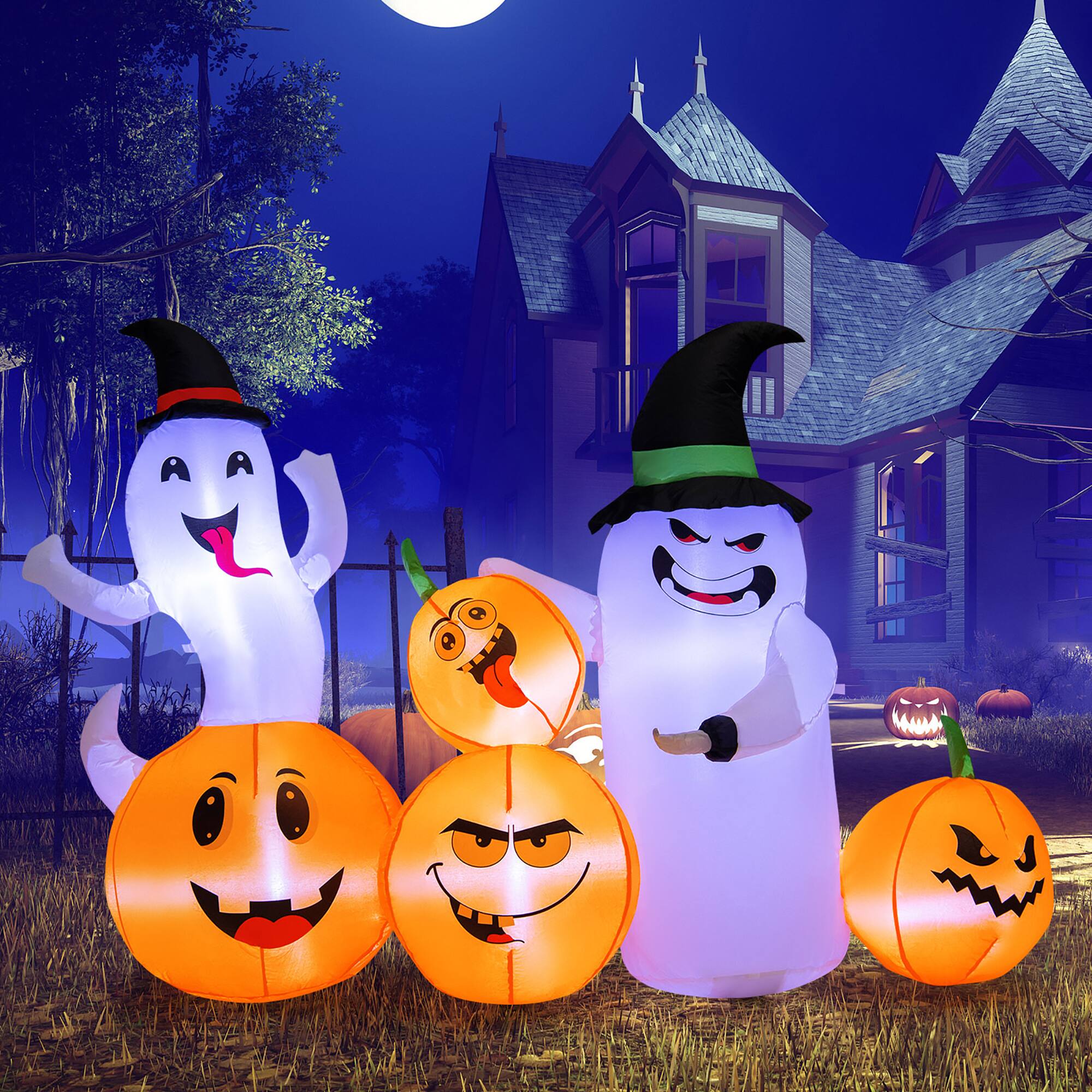 Alt View 18. Costway - 6 FT Long Halloween Inflatable Decor 4 Pumpkins & Ghosts w/ Built-in LED Lights - Orange/Purple.