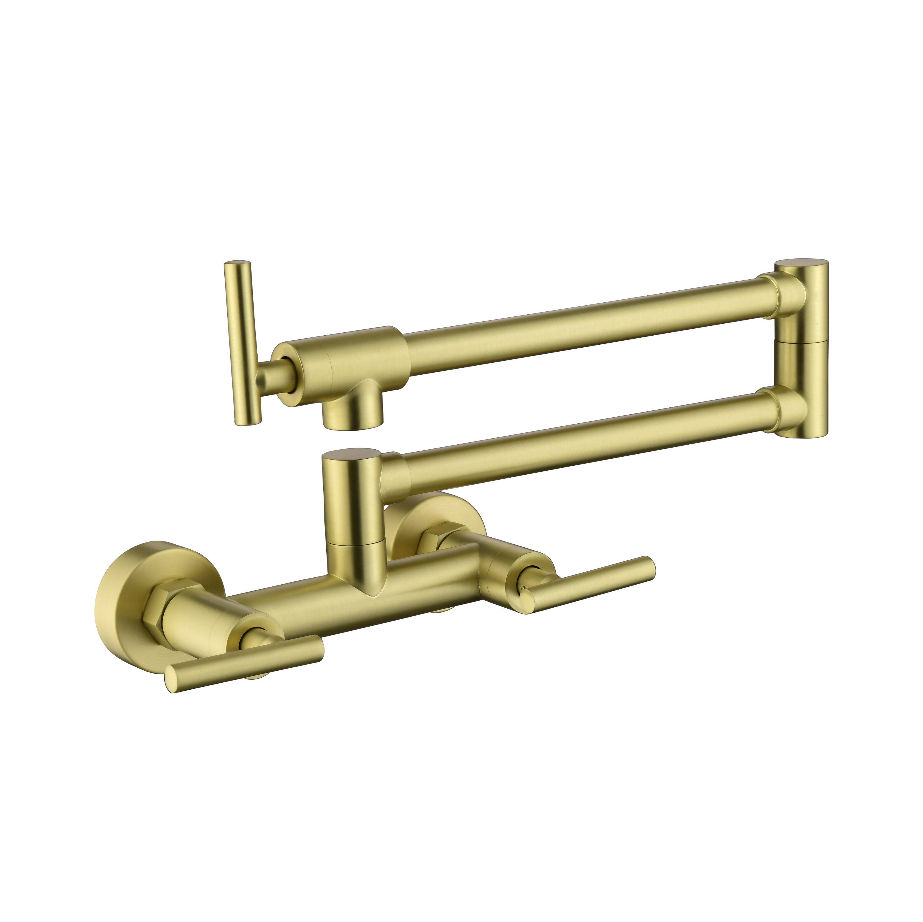 Front. APRILSOUL - Both Hot Cold Water Wall Faucet Kitchen Folding Kitchen Faucets Commercial Sink Faucet 3 Handles 2 Holes Joint Swing Arm - Gold.