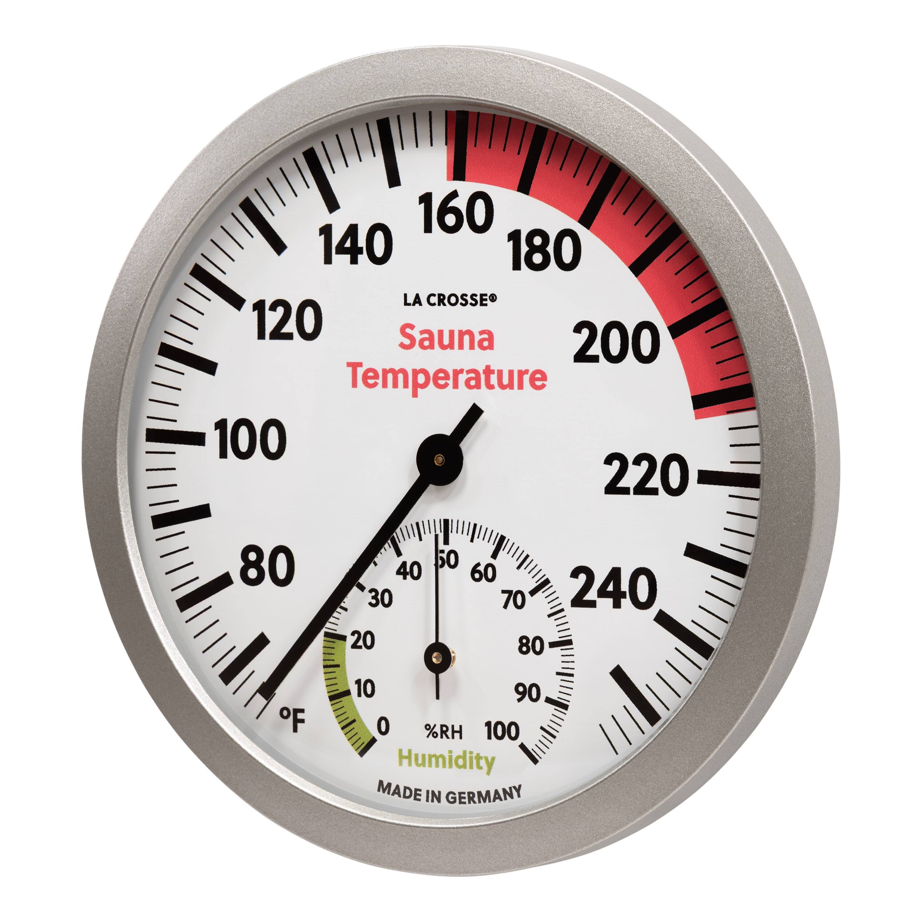 160 140 180 LA CROSSE 120 Sauna 200 Temperature 100 220 80 40 30 20 50 60 70 240 80 F 10 90 0 %RH 100 Humidity MADE IN GERMANY