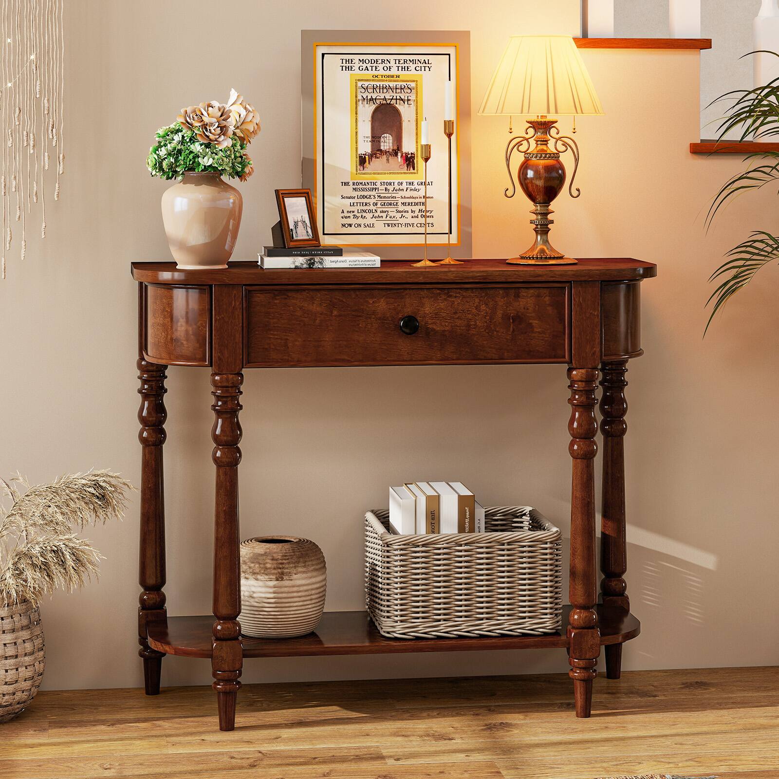 Gymax Retro Console Table 36''L Wooden Entryway Table w/ Storage