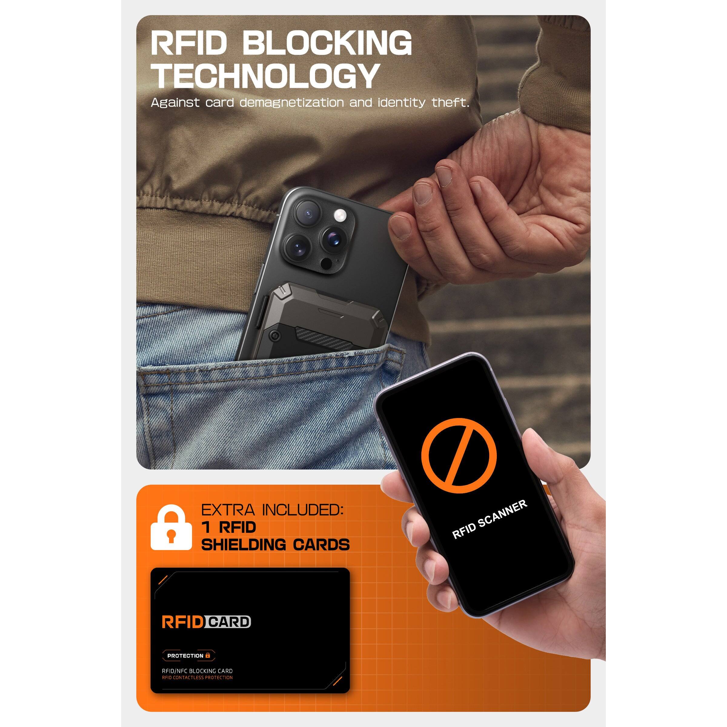 RFID BLOCKING TECHNOLOGY
Against card demagnetization and identity theft.
EXTRA INCLUDED:
1 RFID SHIELDING CARDS
RFID CARD
PROTECTION
RFID/NFC BLOCKING CARD