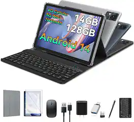 Qukenk - Tablet 10.1 Inch Android 14, Octa-Core, 128GB ROM 14GB RAM, 2025 Newest Tab with Keyboard - Gray